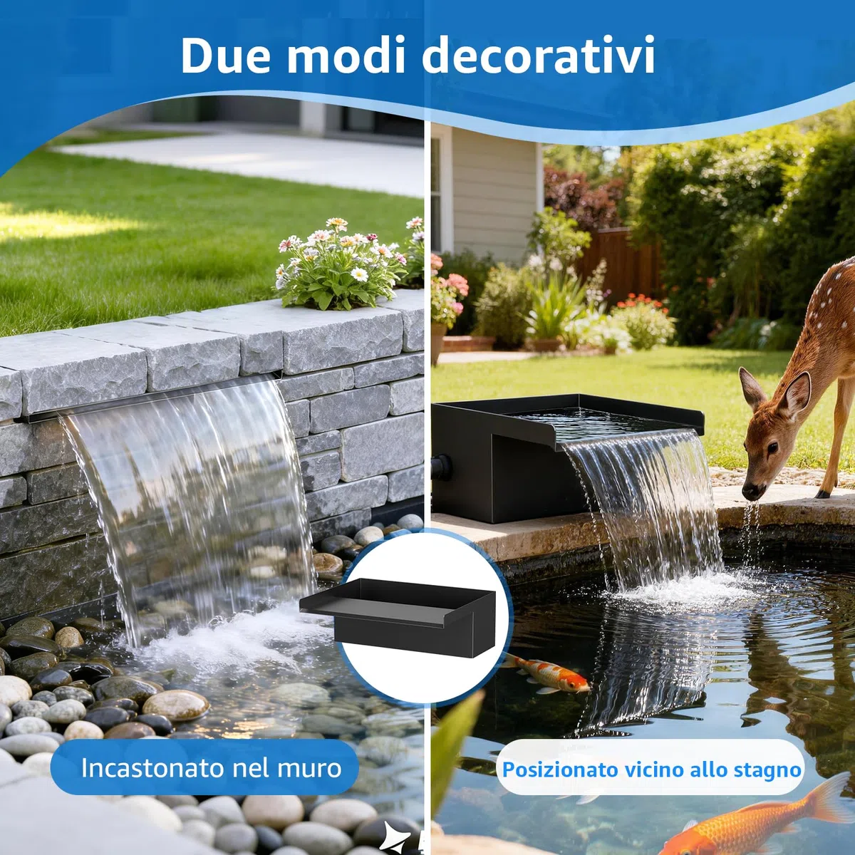 Kit Cascata per Laghetto Esterno 30 cm: Versatore Cascata in Acciaio Inox 304 con Pompa 2500 L/h, Tubo Antigelo 4 m e Cavo 4 m – Set Completo per Fontana a Cascata per Giardino e Piscina