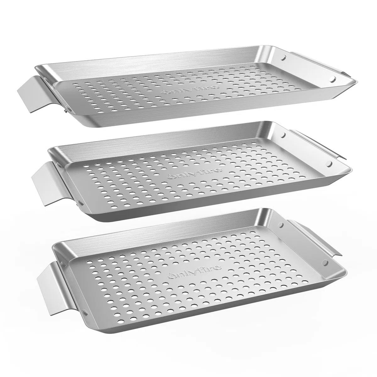 Onlyfire Set di 3 Pezzi Mini Rettangolo Griglie e Cestello Universale in Acciaio Inossidabile，per Verdure,per Barbecue a Carbonella, a Gas e Altri（32cm×18.5cm×1.7cm）