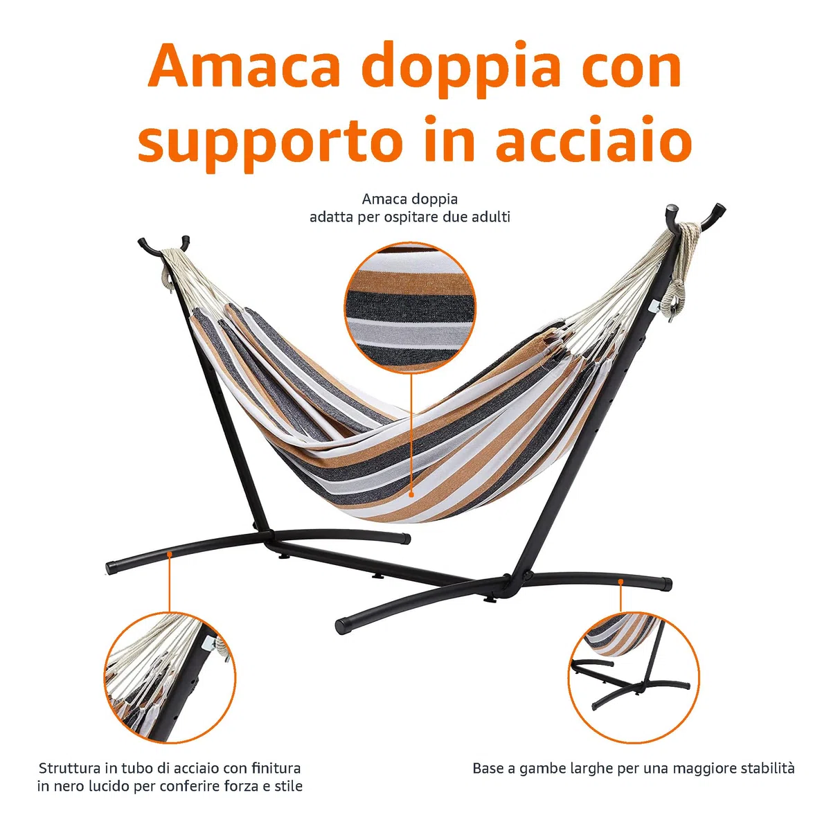 Amazon Basics Amaca in tessuto con struttura di sostegno per due persone, Variegato, 117 cm x 300 cm x 100 cm