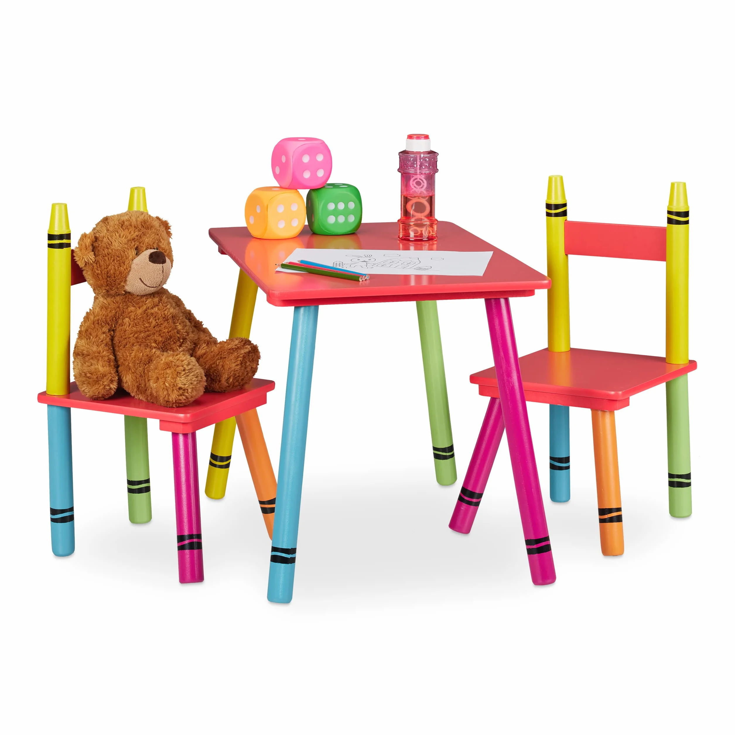Relaxdays Set Tavolino e Sedie per Bambini e Bambine, Tavolo Basso con 2 Sedioline, in MDF e Legno di Pino, Colorato