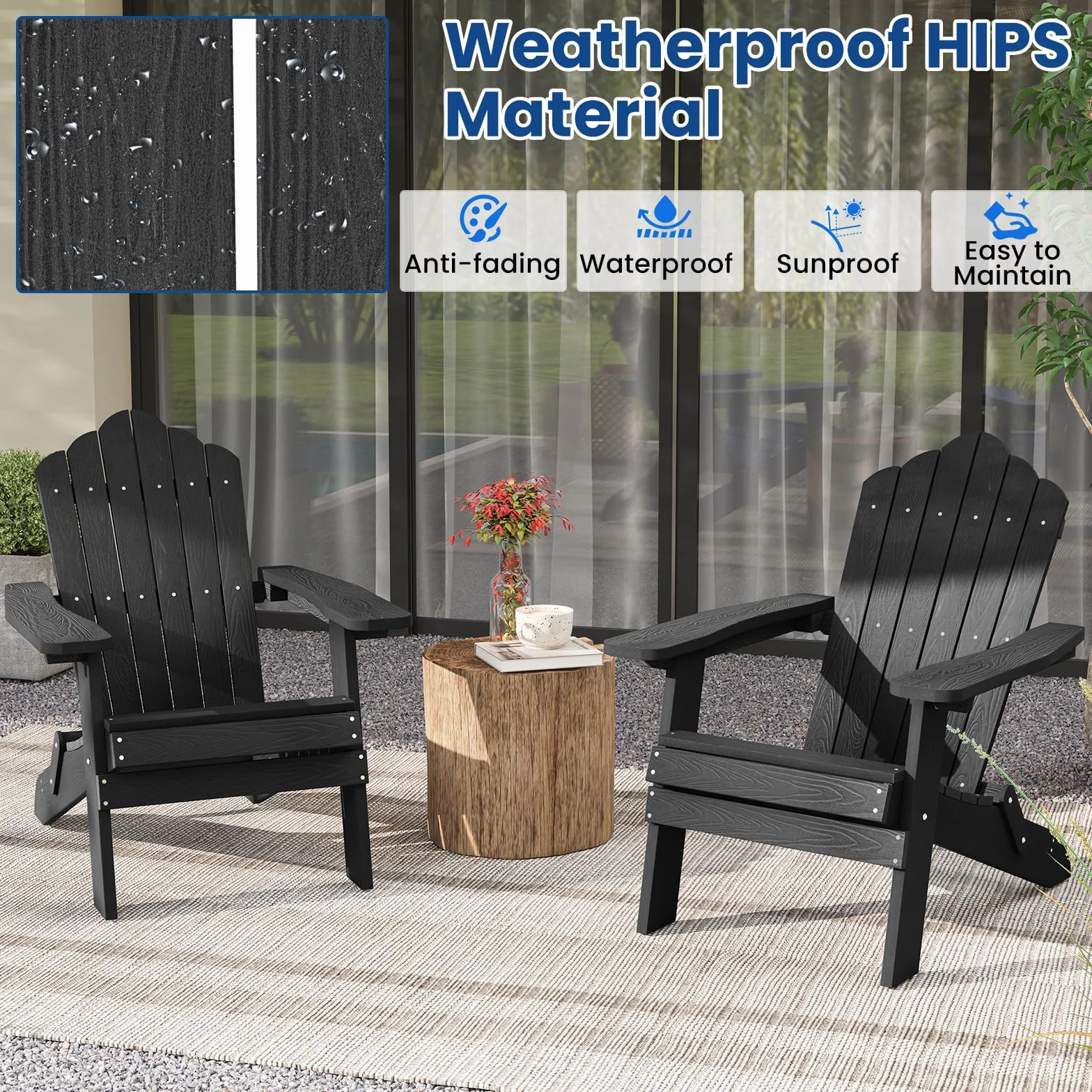 KOMFOTTEU Adirondack - Sedia pieghevole, sedia da giardino con schienale inclinato e braccioli larghi, poltrona ergonomica con carico di 180 kg, seduta esterna per balcone, terrazza (nero)