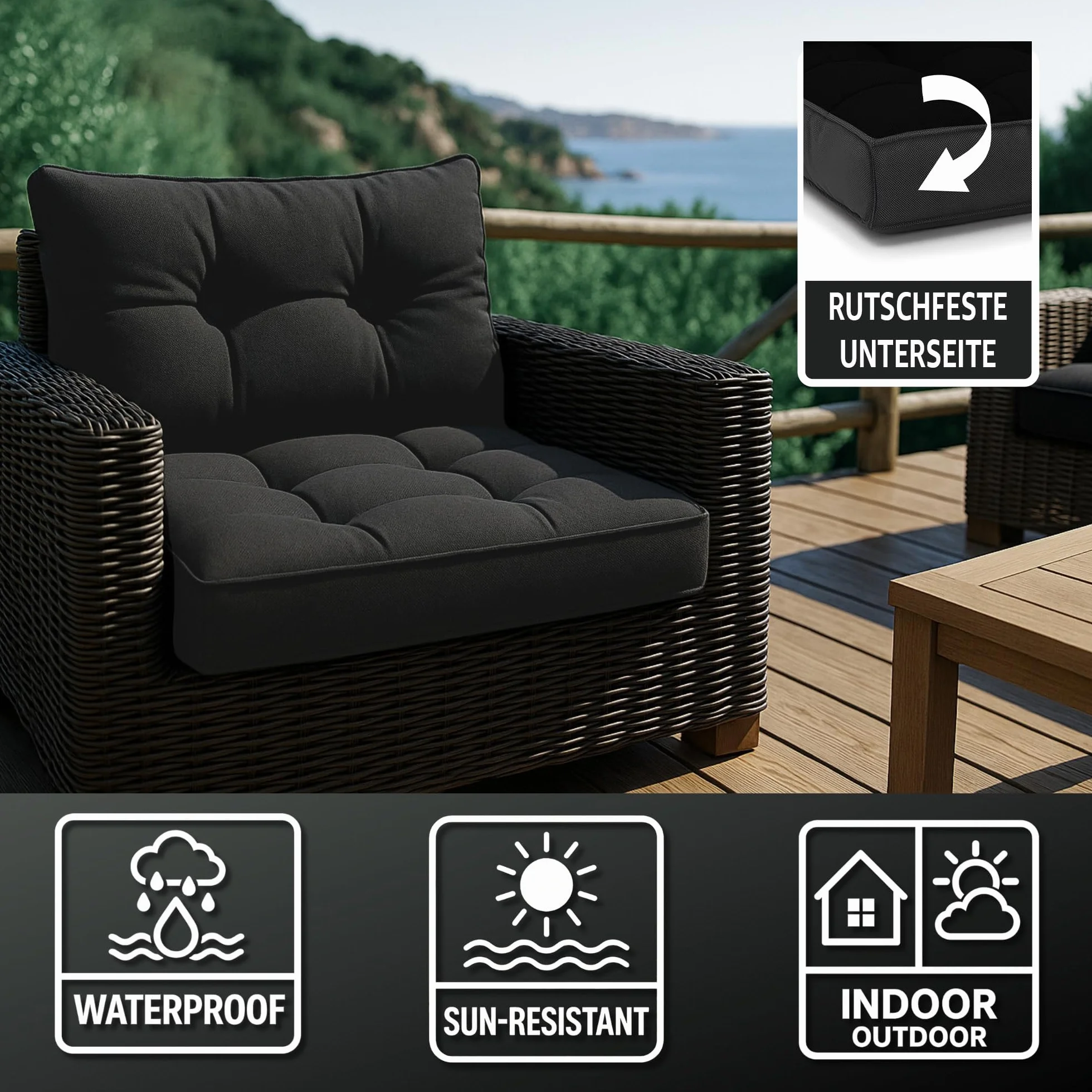 Amazinggirl Cuscino Lounge Arredo Giardino Set: seduta 60x60 cm e schienale 40x60 cm - Schienale Rattan Ideale per balcone terrazza outdoor comfort imbottitura spessa resistente Beige