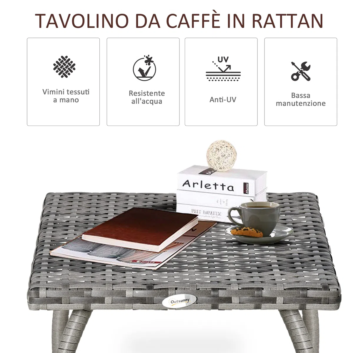 Outsunny Tavolino in Rattan Sintetico da Esterno, Giardino, Terrazzo Impermeabile Grigio 45x45x44cm