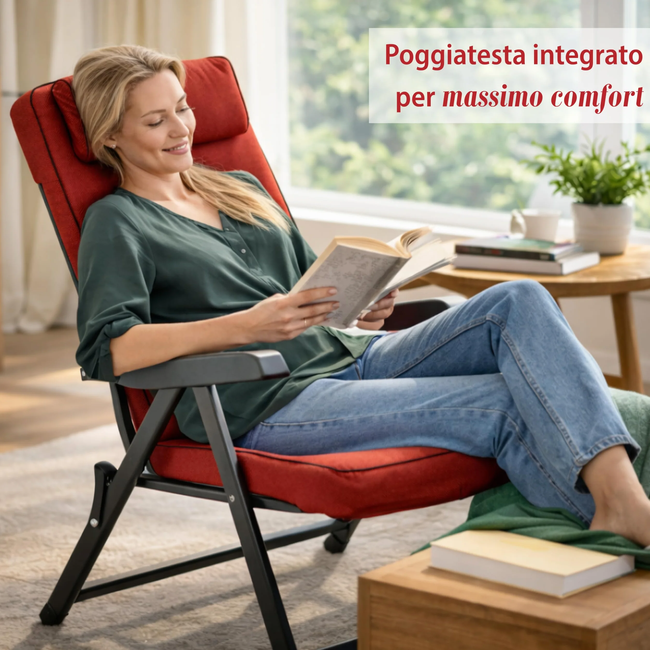 MA MAISON Sedia Reclinabile Imbottita 122x60x61 cm - con Poggiatesta, 6 Posizioni, Braccioli Ergonomici, Struttura in Acciaio, per Interno, Esterno - Made in Italy ROSSO