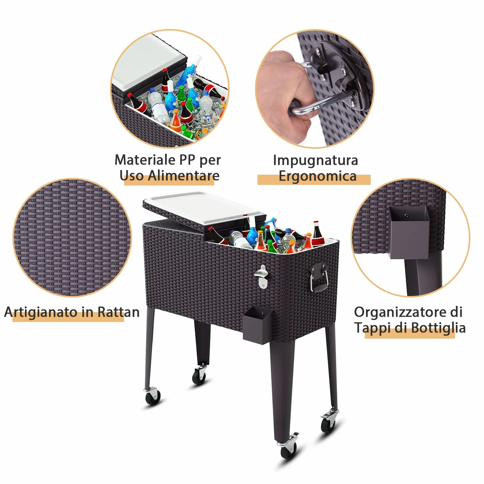 COSTWAY Carrello Portavivande Refrigerante Rattan 76L, Carrello Portaghiaccio con Ruote Bloccabili, Apribottiglie, 83x48x87 cm