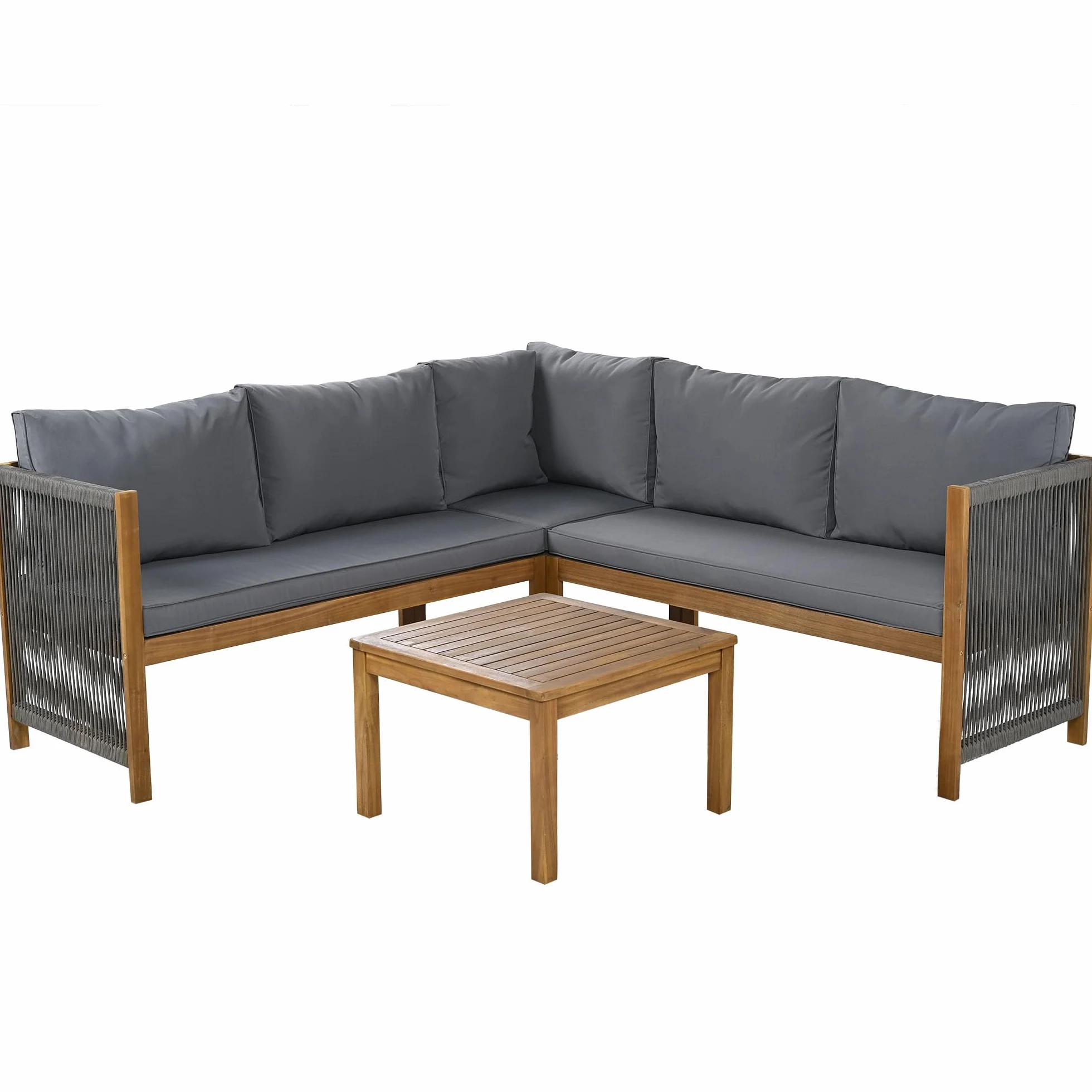 Lubvtti Set giardino esterno,divano da esterno + tavolino,mobili da giardino,struttura in acacia, piano in acacia,lavorazione artigianale in corda intrecciata, adatto per il giardino, grigio