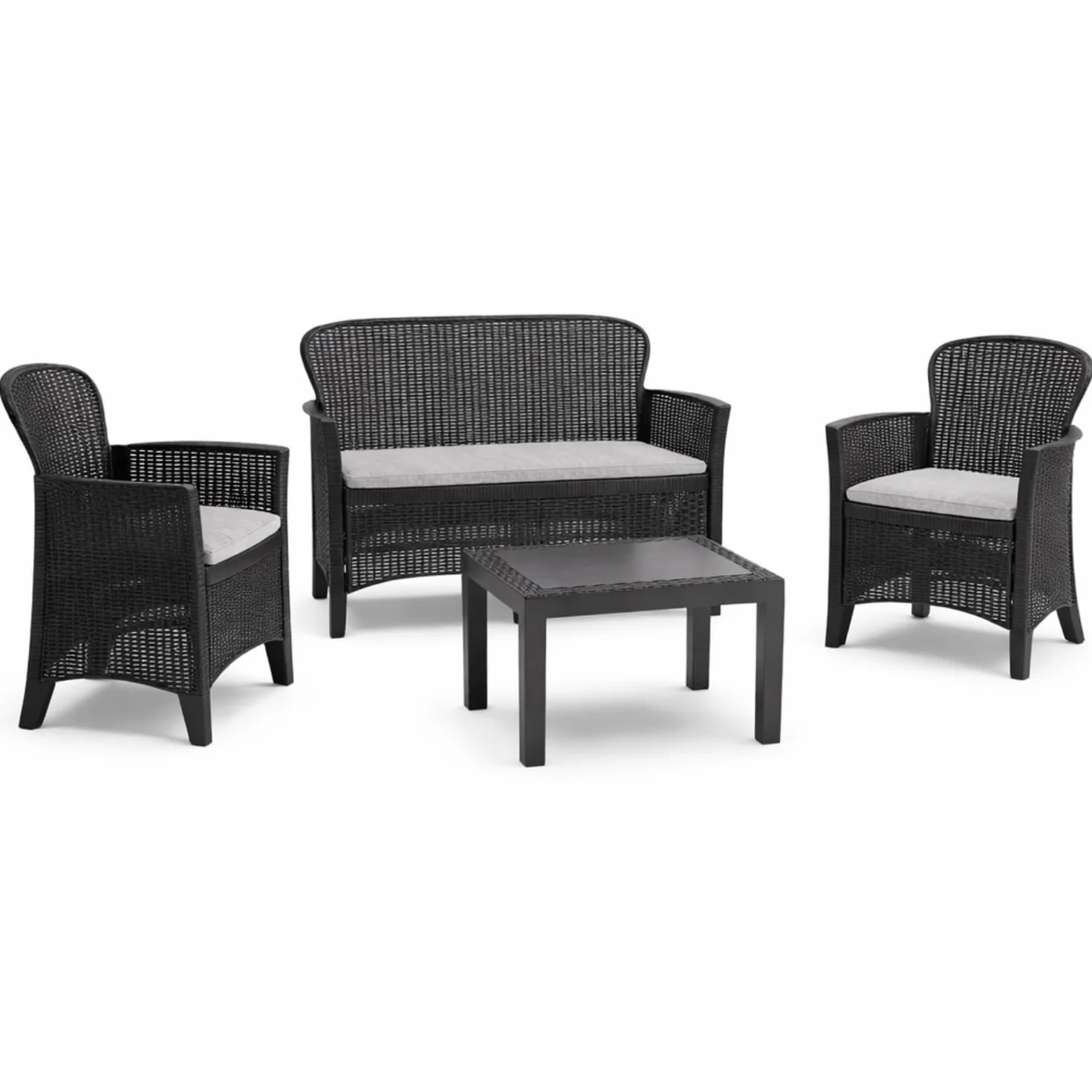 VIRSUS Set Salottino da Giardino per 4 Persone, Composto da: 2 Poltrone, 1 Divano a 2 Posti e 1 Tavolino, Cuscini per comoda Seduta, Design Rattan di colore Antracite, Interno ed Esterno -JUN6043F