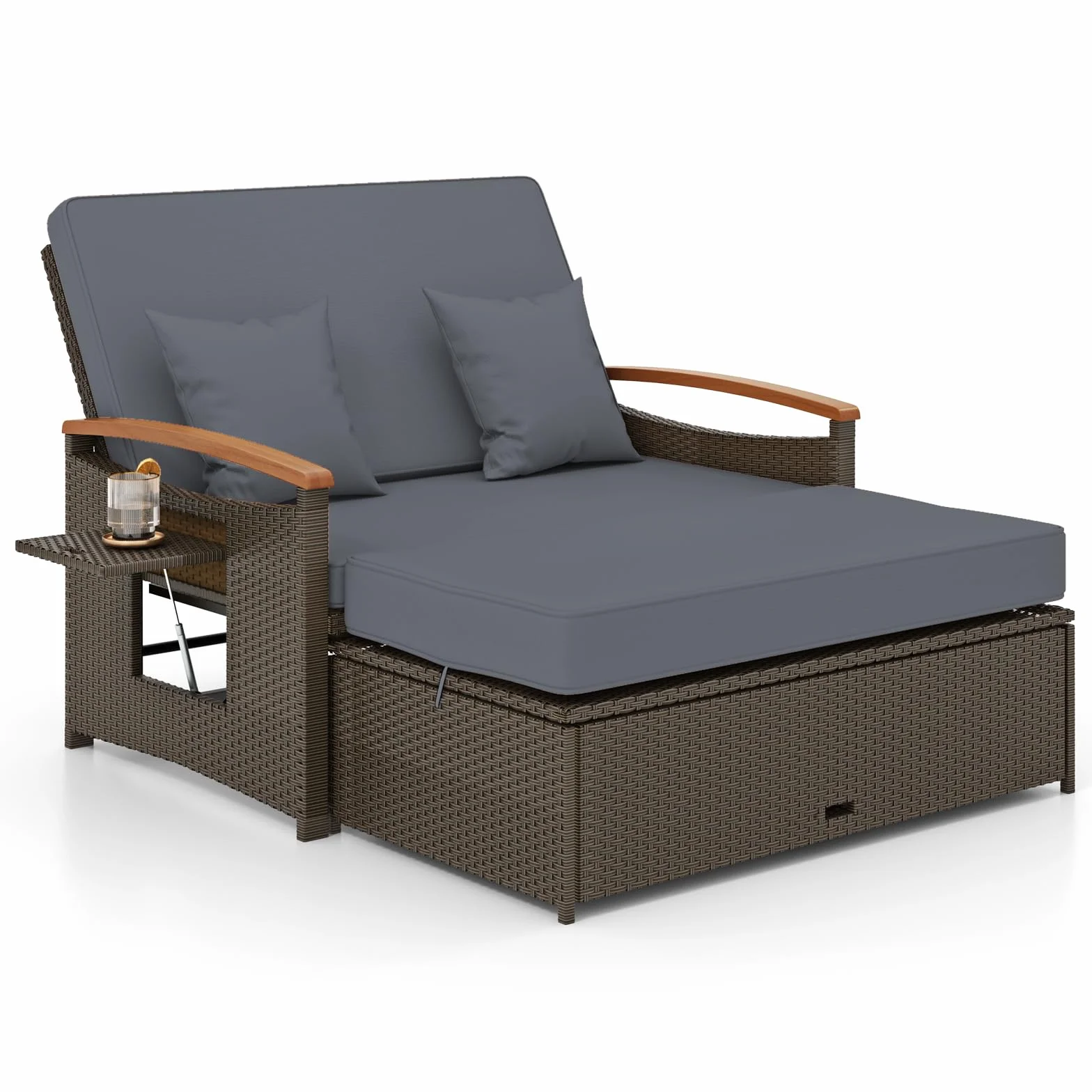 GIANTEX Divano da Giardino in Rattan a 2 Posti con Funzione Allungata, Set di Mobili in Rattan con Sgabello, Doppia Sedia a Sdraio per 2 Persone, 3 Colori (Cuscino Grigio)
