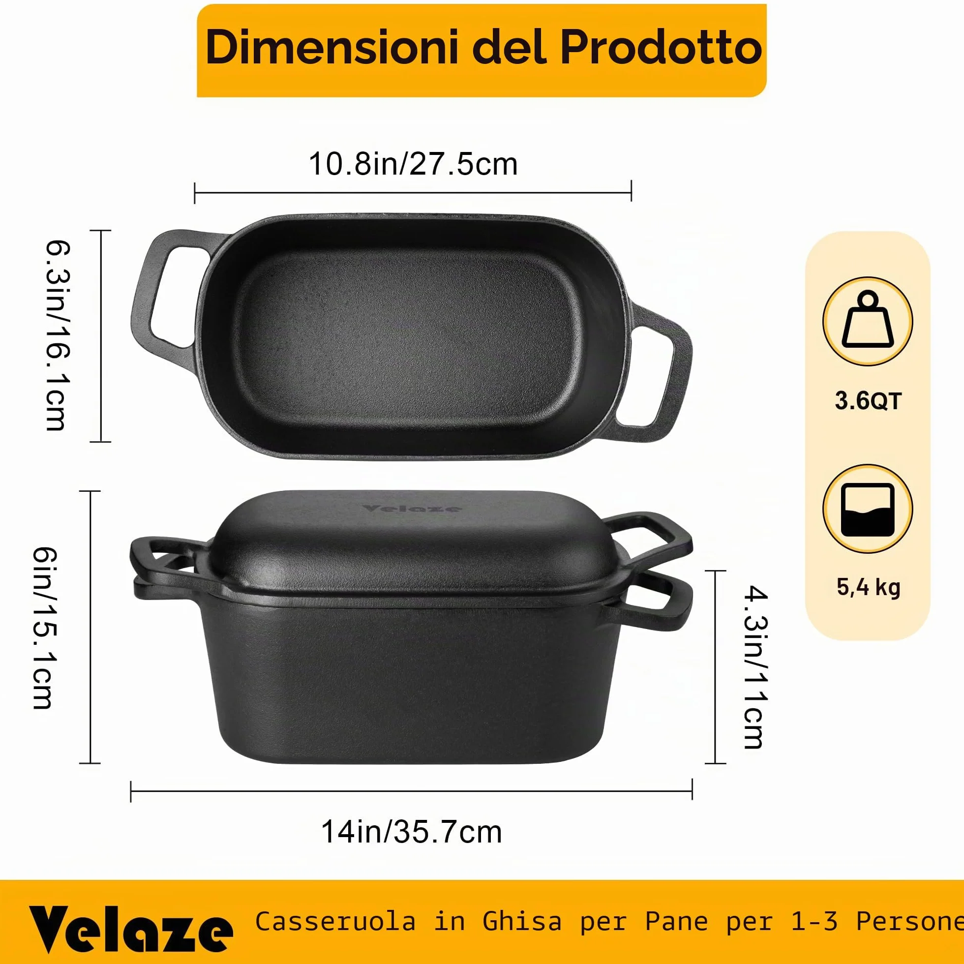 Velaze Pentola in Ghisa per Pane 3.4L - Casseruola in Ghisa Smaltata Rettangolare 27x15cm con Coperchio, Interno Crema Antiaderente - Forno Olandese per Cuocere il Pane e Arrosti, Adatta Induzione