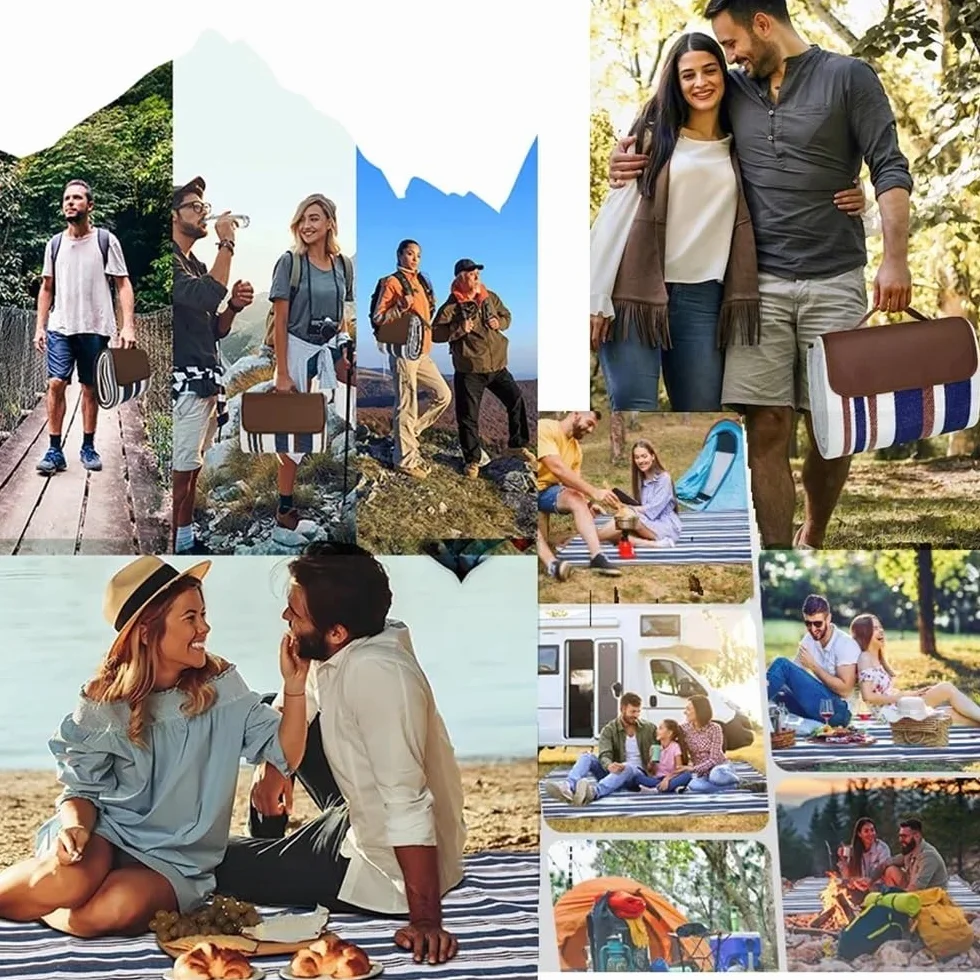 Coperte da Picnic Pieghevoli Impermeabili Anti-Sabbia Extra Large 200cm x 200cm Blu Bianco