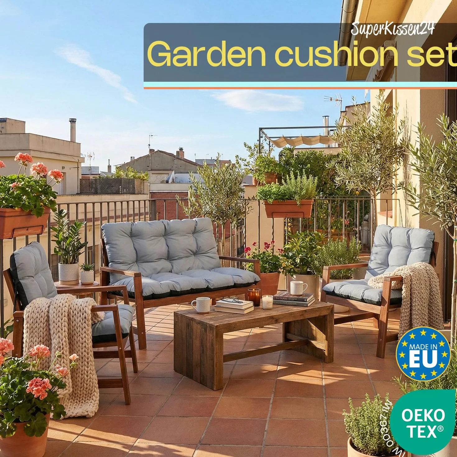 SuperKissen24. Cuscino Lungo per Panchina da Giardino 100x50 cm con Schienale 100x60 cm per Panca da Esterno ed Interno e Due Cuscini per Sdraio 48x96 cm - Grigio