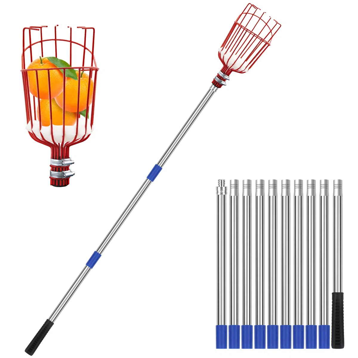 Raccoglitore di Frutta, Raccogli Frutta Olive Cachi Mela Arancia, Raccoglitrice con Palo in Acciaio Inox Leggero con Cuscinetto di Protezione, Strumento per Raccolta della Frutta Alto 4m Fruit Picker