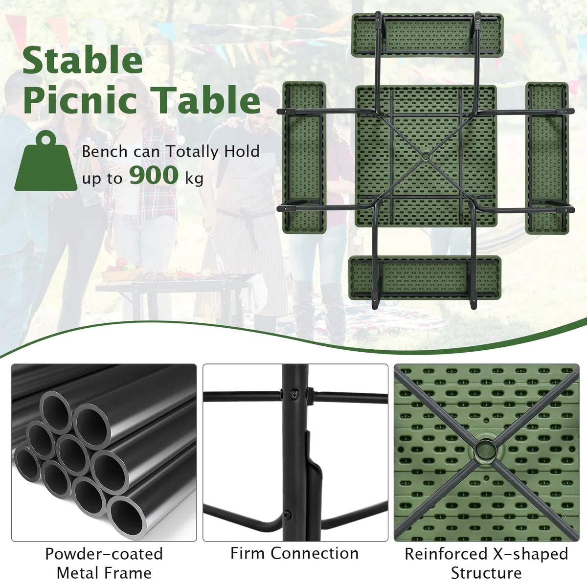 KOMFOTTEU Set Tenda da Birra, Tavolo con 4 Panche da Birra per 8 Persone, Set di Mobili da Giardino con Foro per Ombrellone, Set Tendone da Campeggio in HDPE, Telaio in Metallo (Verde)