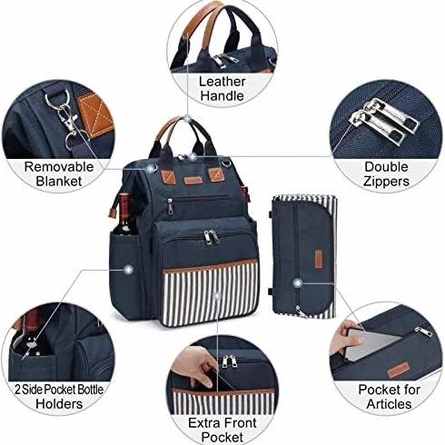 Zaino da picnic grande capacità 4 piatti scomparto termico 22,9 cm manico legno posate coperta impermeabile blu navy