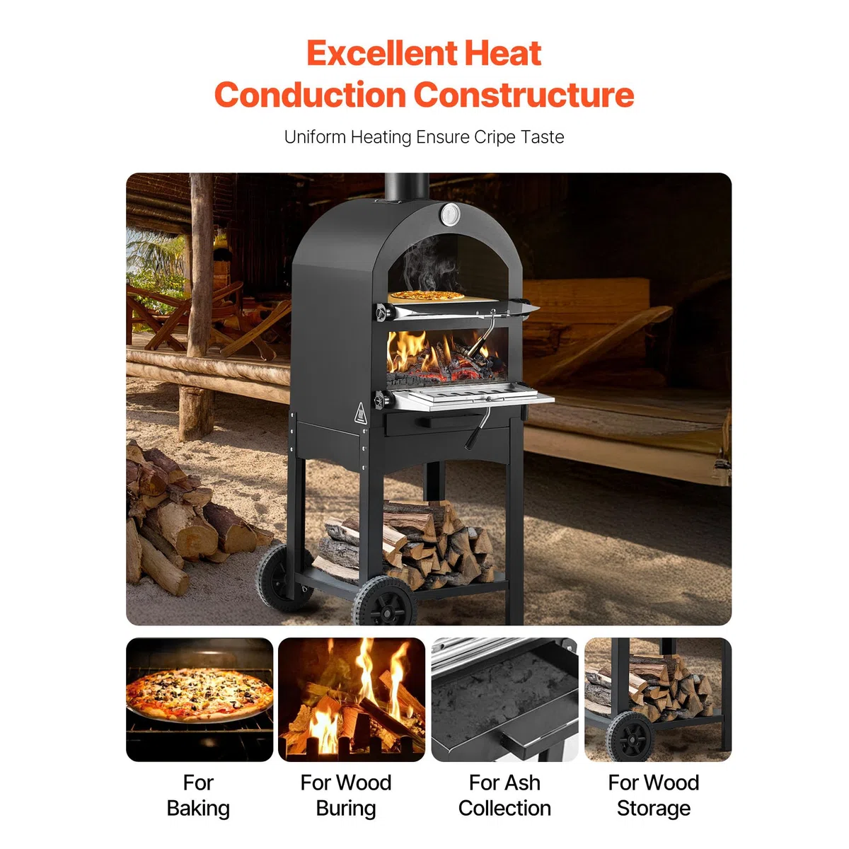 VEVOR Forno per Pizza da Esterno Portatile 12 pollici a Pellet max. 540°C con 2 Ruote Rimovibili
