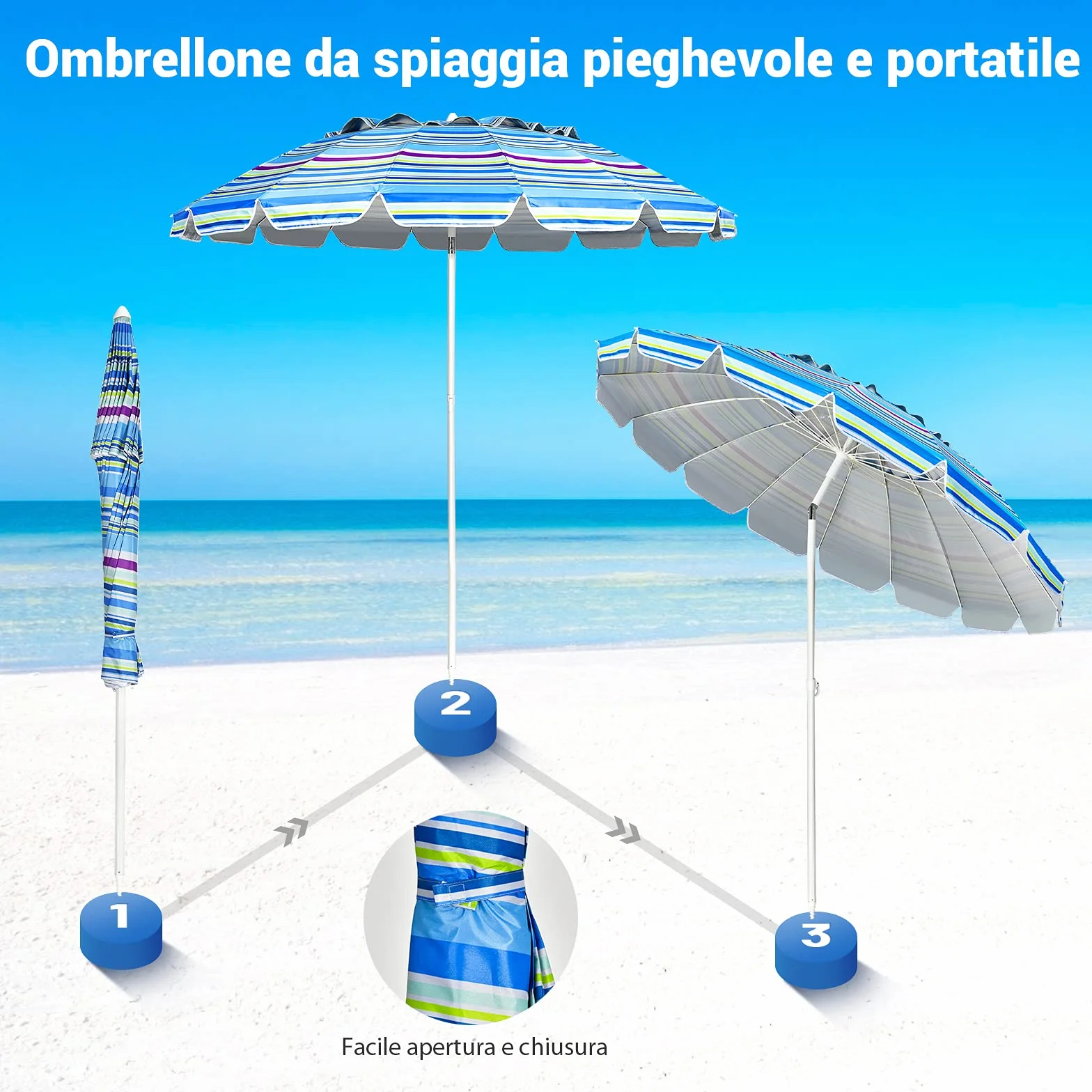 COSTWAY Ombrellone da Spiaggia 243 cm, Portabile, Inclinazione Regolabile, Filtro UV, con Borsa (Blu)