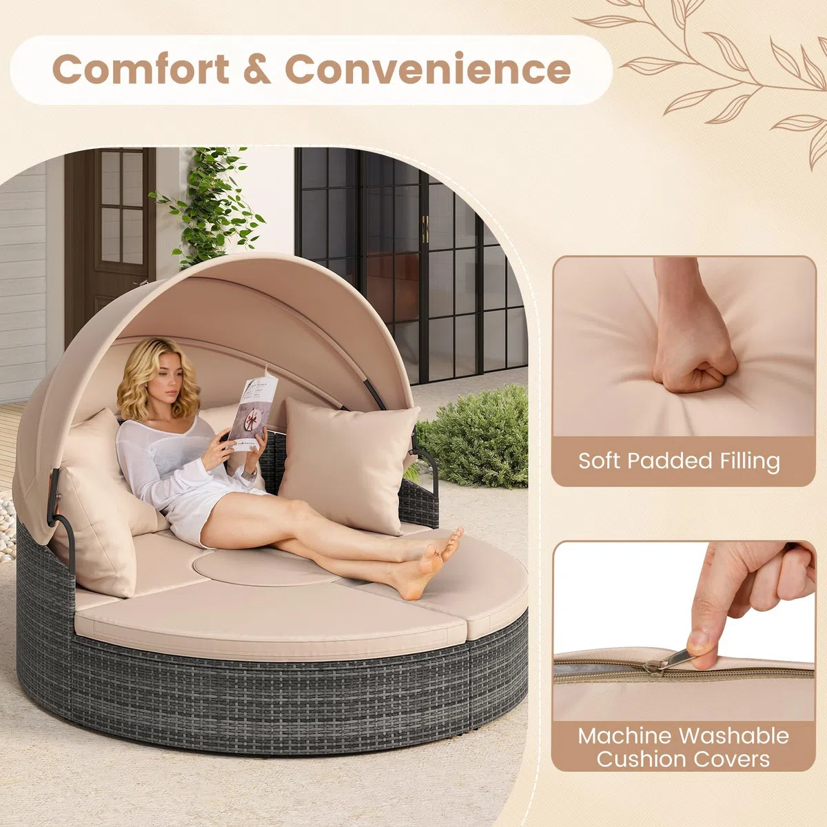 LIFEZEAL Isola Prendisole, Rattan Intrecciato a Mano, Componibile, Letto con Tettuccio Parasole Regolabile da Giardino Esterno, Salttto con Divani, Tavolino, Cuscini, Balcone, Mare, Piscina (beige)