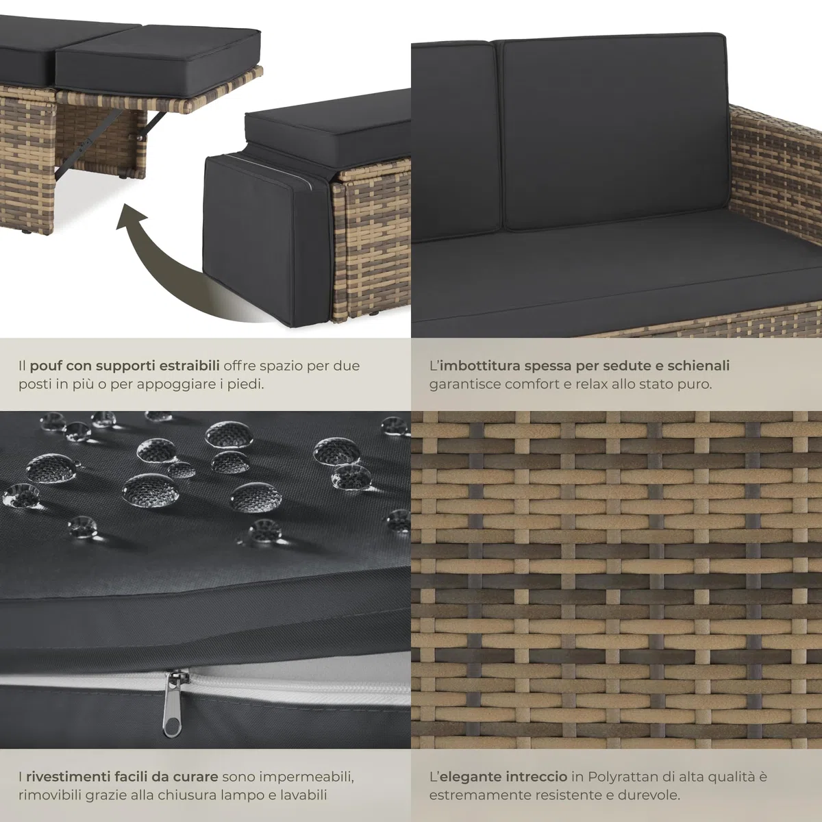 tectake® Divano Lounge in Rattan Corfù, Componibile, Pouf con Sostegno Pieghevole, Cuscini Spessi, Telaio in Acciaio Verniciato, Alta Qualità, Comfort Superiore - Naturale