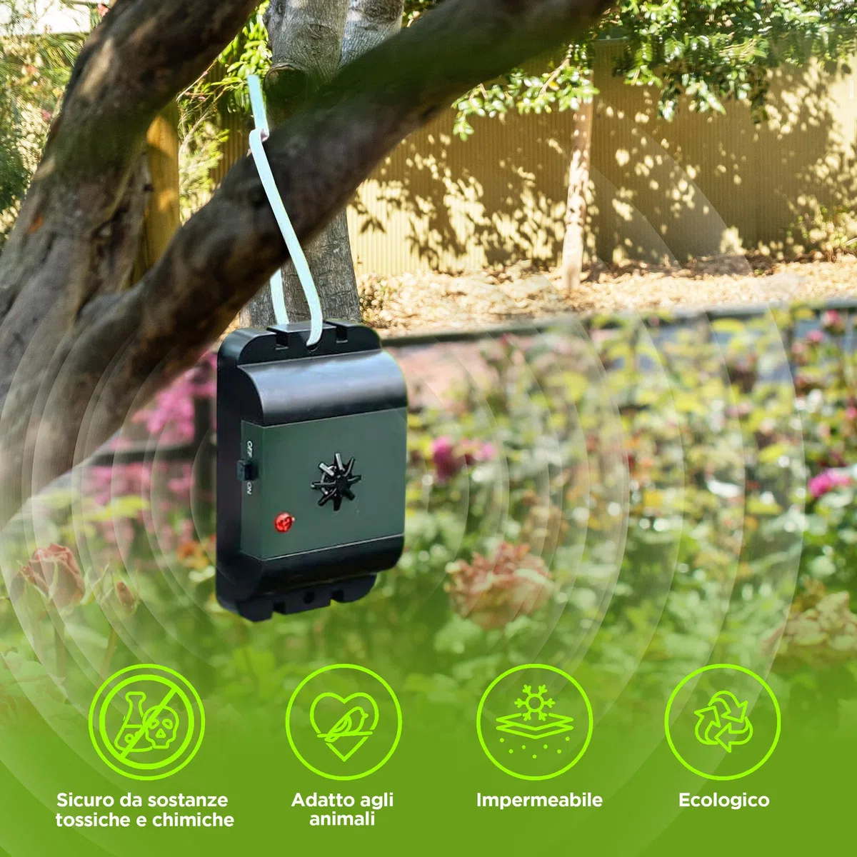 ISOTRONIC dissuasore uccelli ultrasuoni piccioni passeri gabbiani corvi batteria balconi tetti giardini raggio 40m² 3 unità efficace esterno protezione difesa stop volatili ecologico mobile