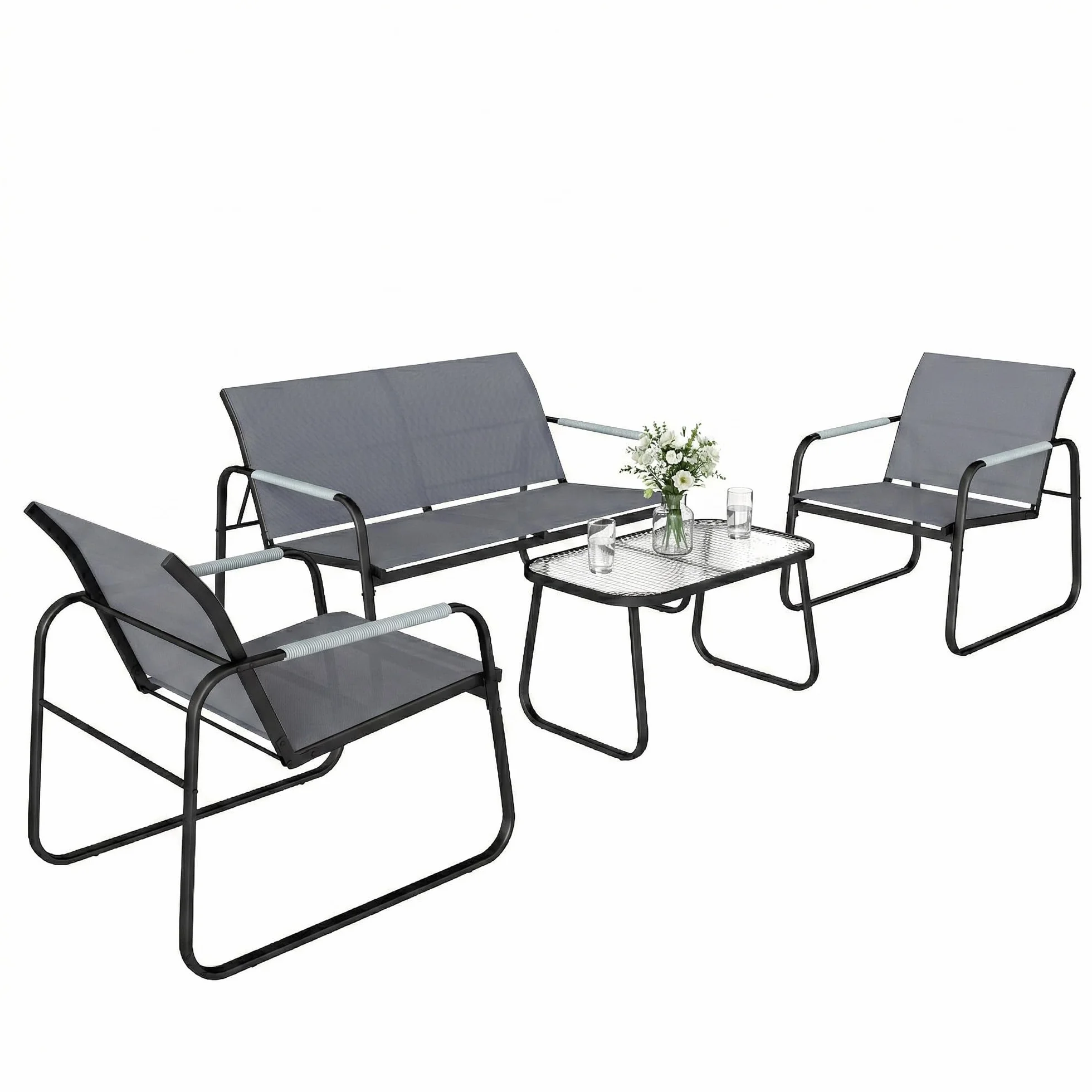 Outsunny Set Salotto da Giardino 4 Pezzi, Mobili da Giardino in Texteline con Tavolo in Vetro Temperato, Acciaio, Grigio