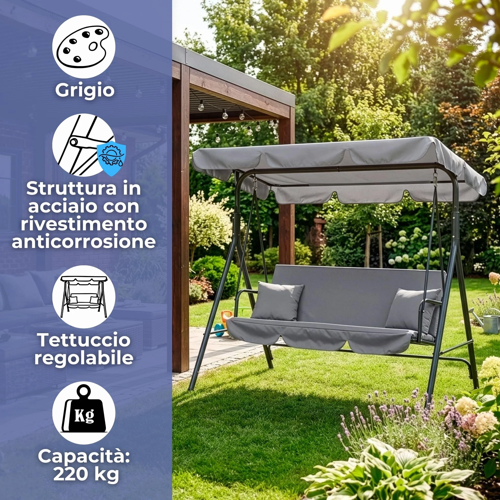 Springos Dondolo da giardino Luna, con parasole e cuscini, panca a dondolo, per 3 persone, da 150 x 170 x 110 cm (H x l x P), di colore grigio