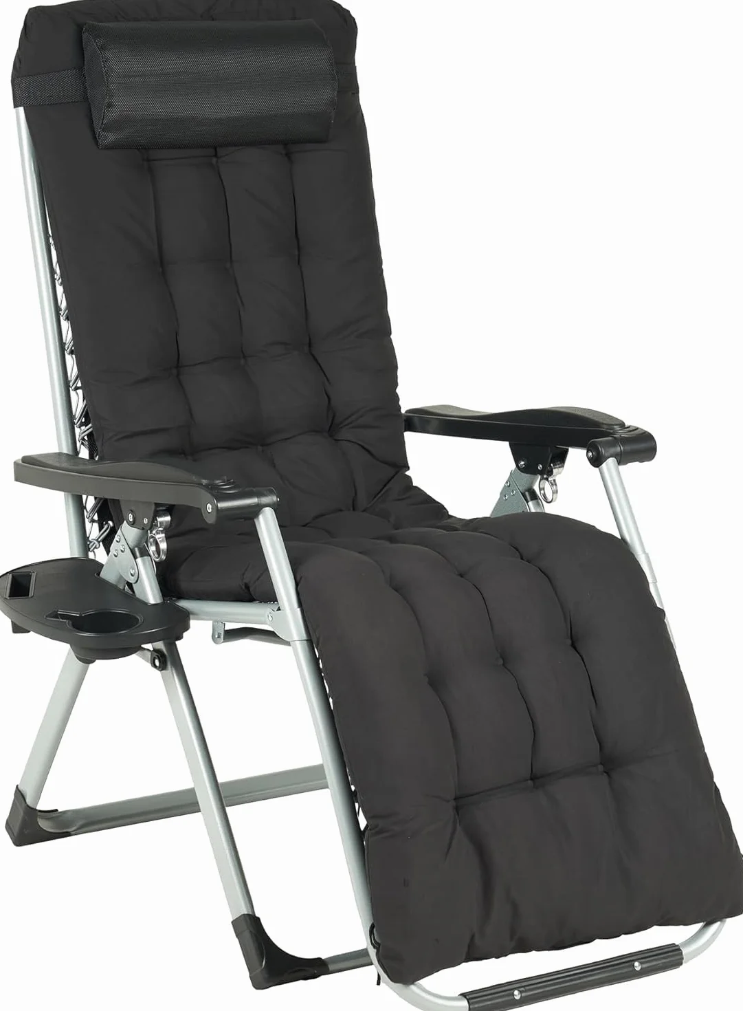 IlGruppone Sedia Sdraio 0 gravità Reclinabile Giardino Poltrona Pieghevole Relax Prendisole Lettino Cuscino Imbottito Portabicchiere Patio Campeggio Spiaggia con Poggiatesta Regolabile - Nera