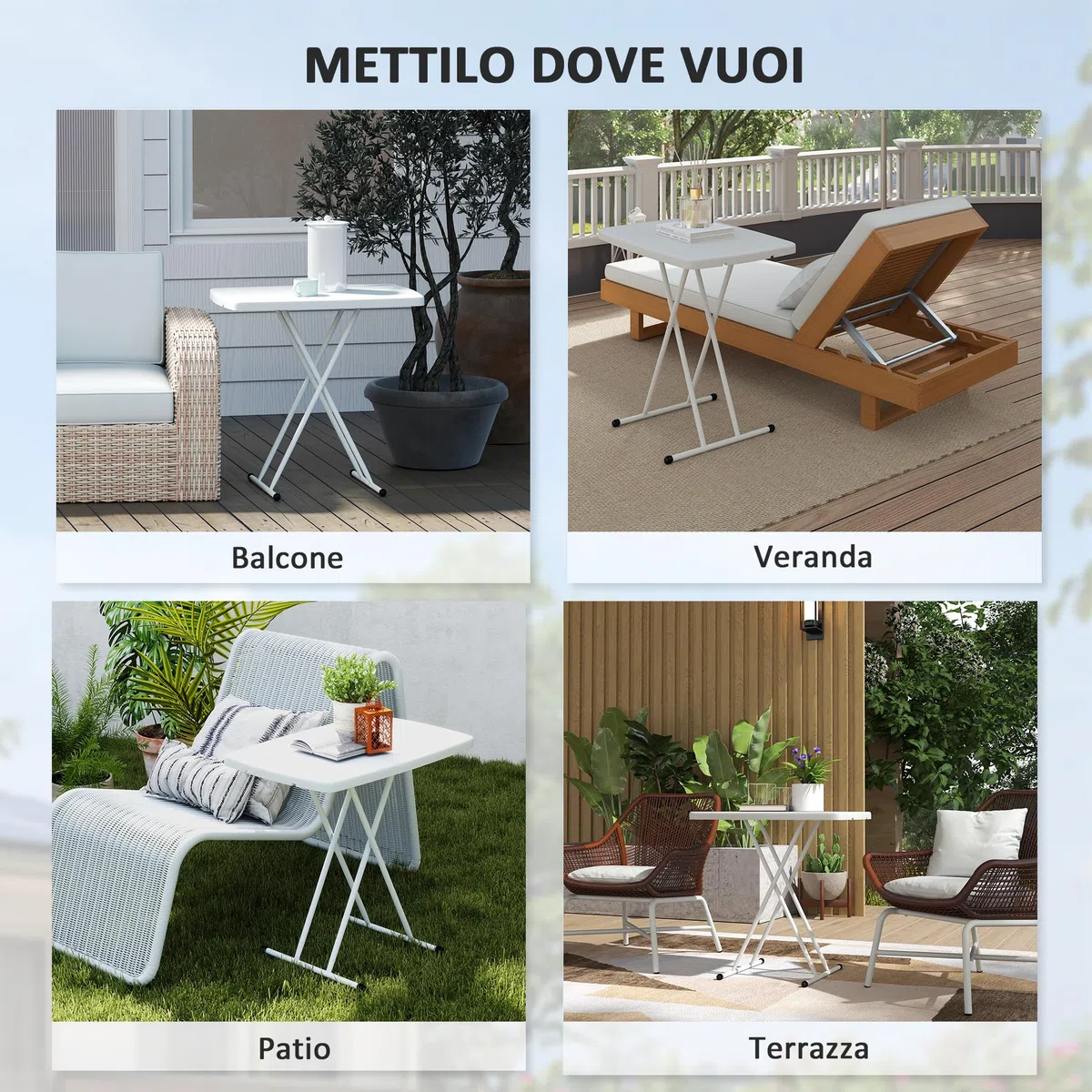 Outsunny Tavolino da Giardino Pieghevole Altezza Regolabile HDPE Metallo 76x50x74 cm Bianco