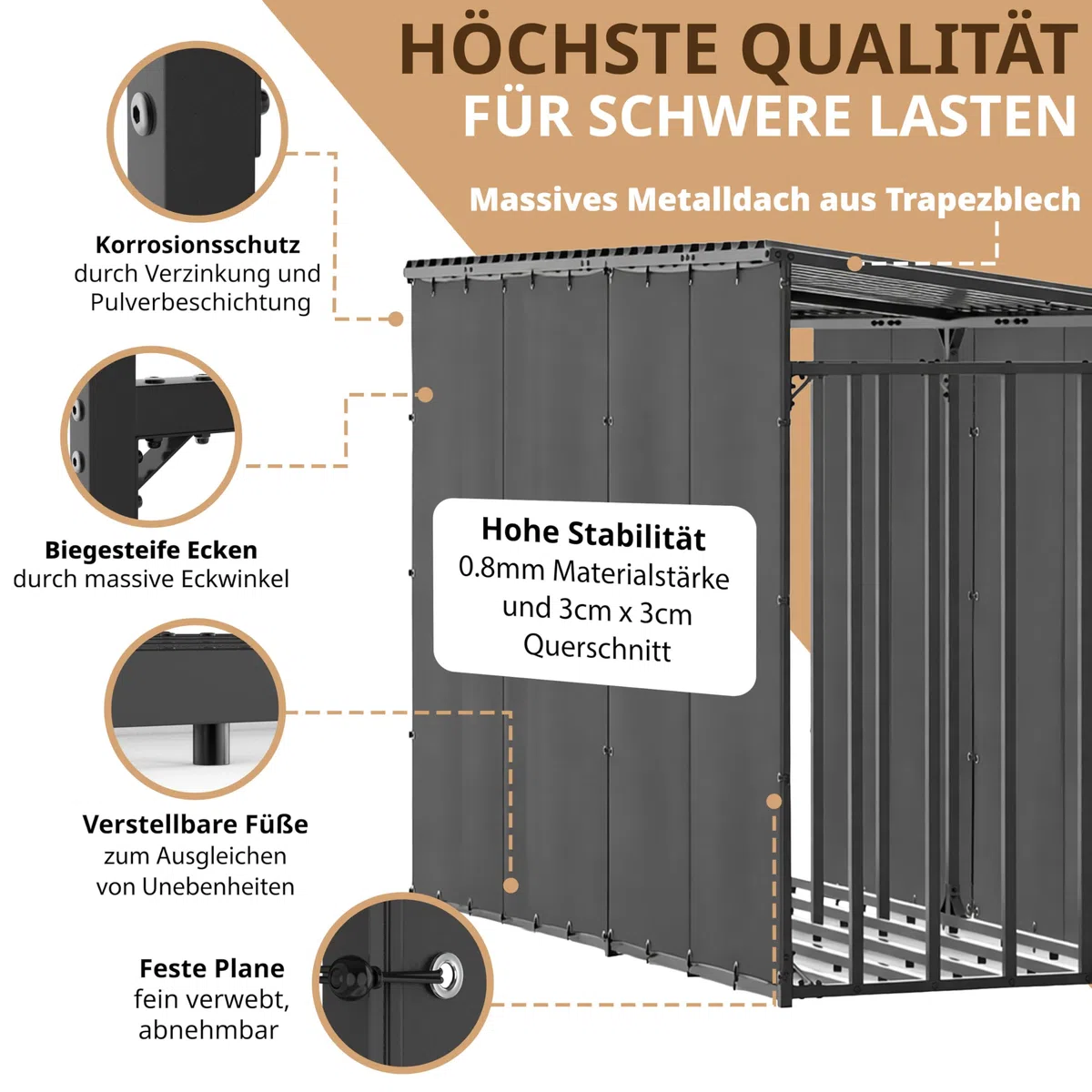 Zewnętrzny stojak na drewno metalowy z dachem 300x105x185 cm