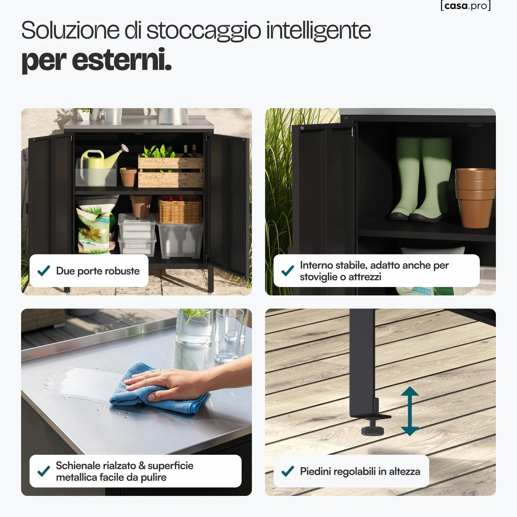 casa.pro Armadio da Giardino Mobile Organizzatore da Esterno 92 x 80 x 50 cm Armadietto in Acciaio con 2 Ante e Ripiano Piedini Regolabili per Livellare - Nero Opaco