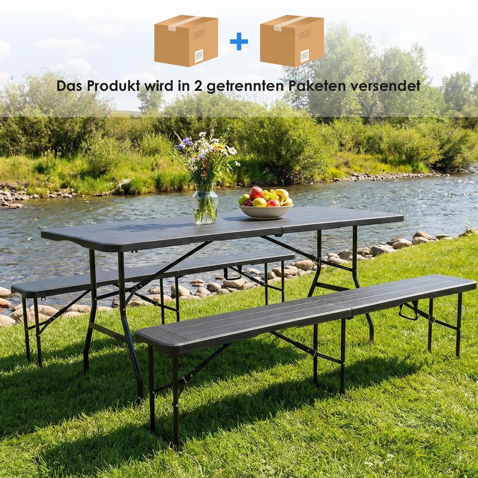 Set Tenda da Birra 3 Pezzi 180cm, Tavolo e 2 Panche Pieghevoli, Mobili da Giardino in Plastica HDPE