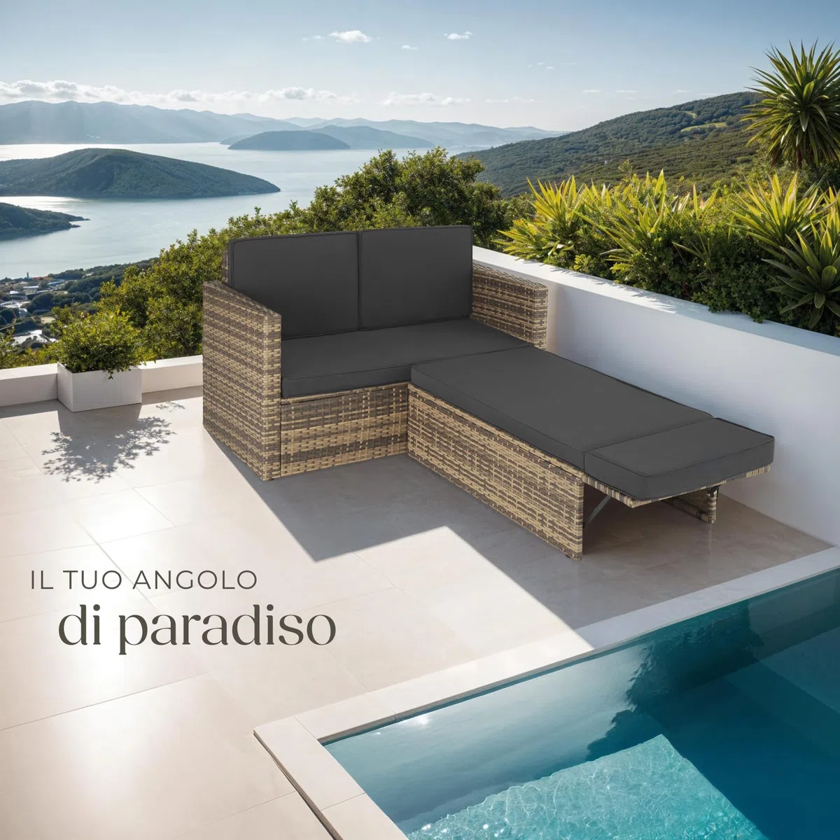 tectake® Divano Lounge in Rattan Corfù, Componibile, Pouf con Sostegno Pieghevole, Cuscini Spessi, Telaio in Acciaio Verniciato, Alta Qualità, Comfort Superiore - Naturale