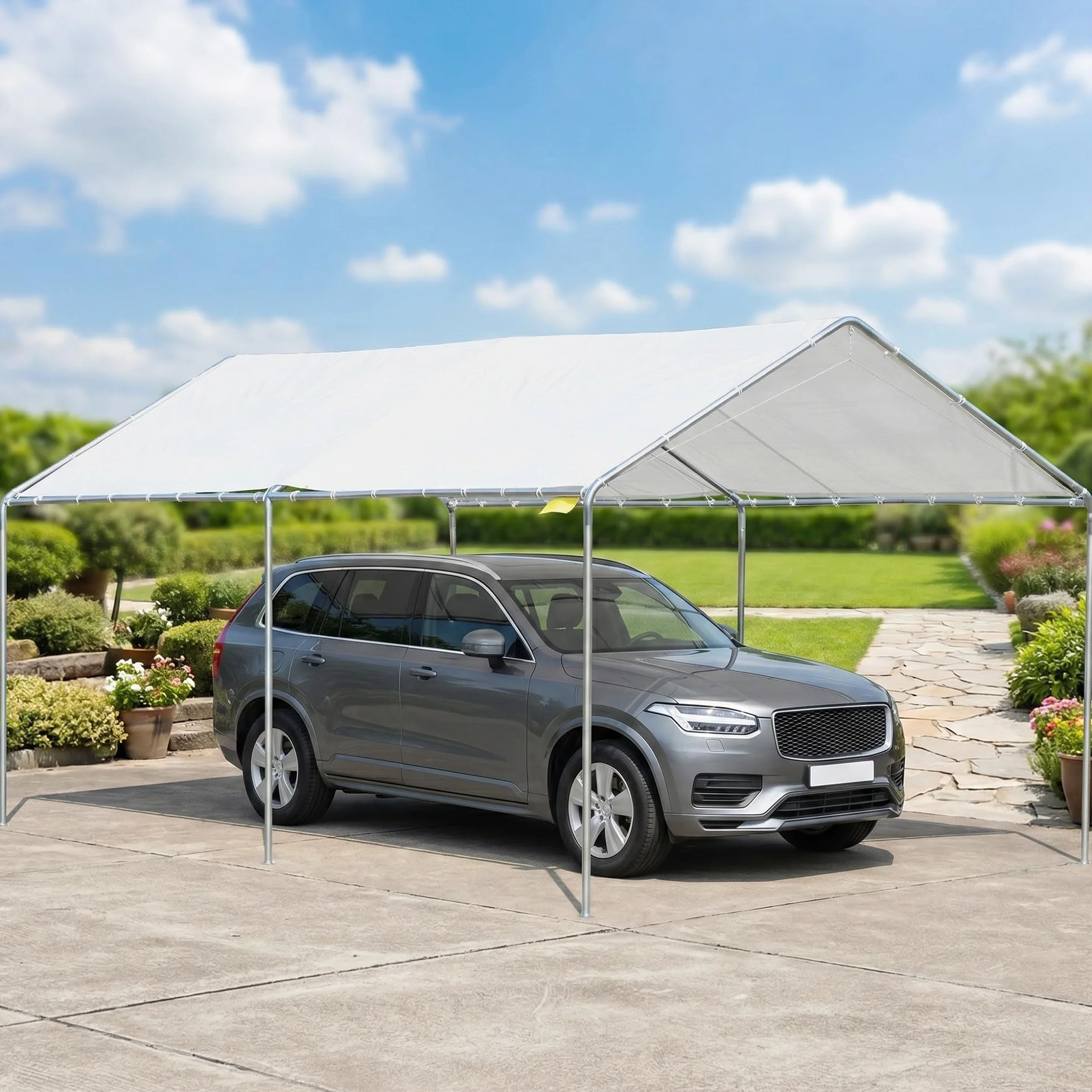 Outsunny Gazebo Copertura per Auto 6x3m Acciaio Zincato Bianco