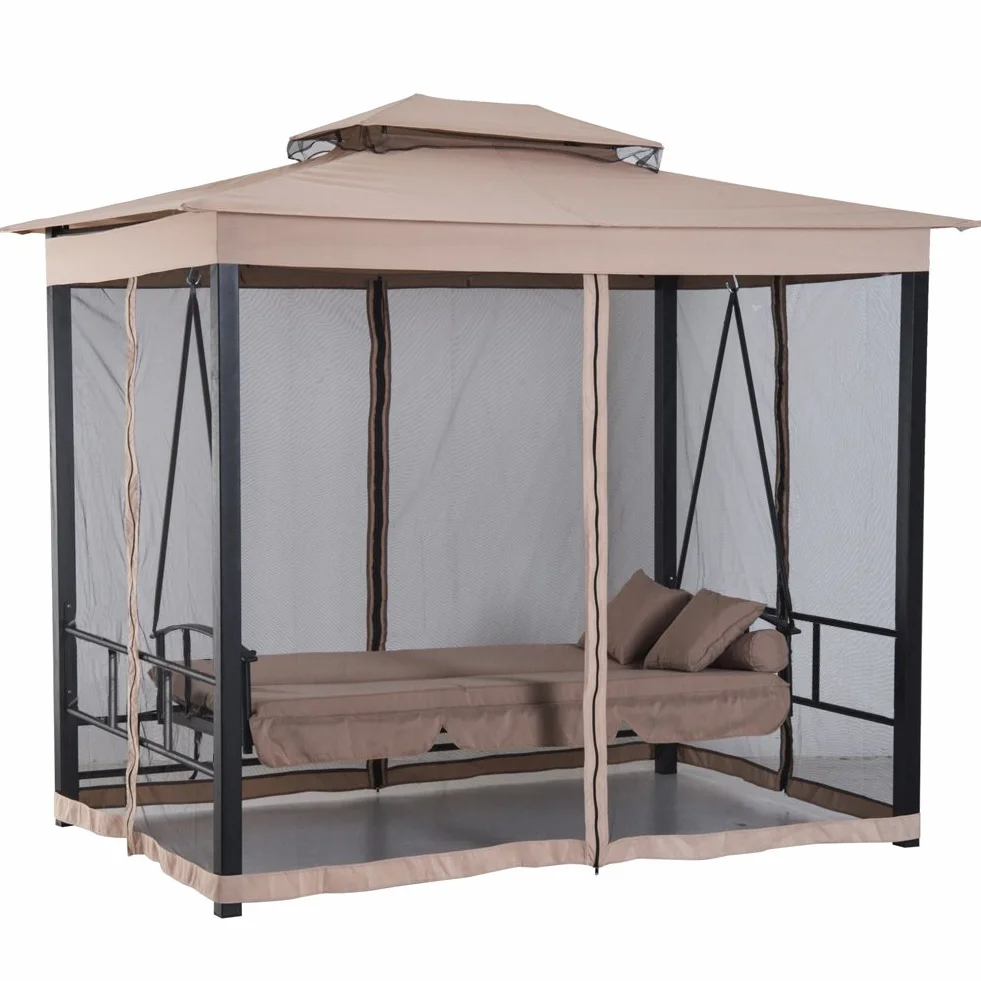 BAKAJI Gazebo Parasole da Giardino con Dondolo Letto e Zanzariere 3 posti, Modello Extra-Lusso Cleopatra, Amaca Altalena Trasformabile in Letto Matrimoniale, Colore Beige