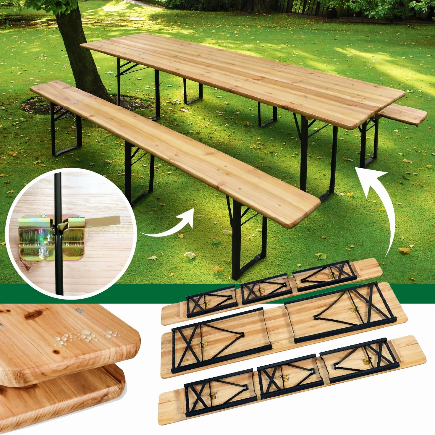 Crisalide® Set Birreria Pieghevole in Legno di Abete Tavolo 220 cm con 2 Panche Struttura in Acciaio Rinforzato 70x80 cm