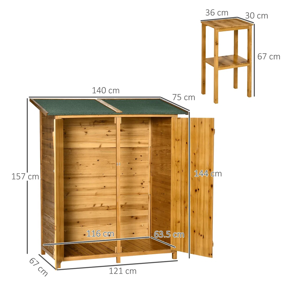 Outsunny Casetta Porta Attrezzi in Legno di Abete, Capanno da Giardino a 2 Ante con Sgabello Alto a 2 Ripiani e Tetto Idrorepellente, 140x75x157 cm