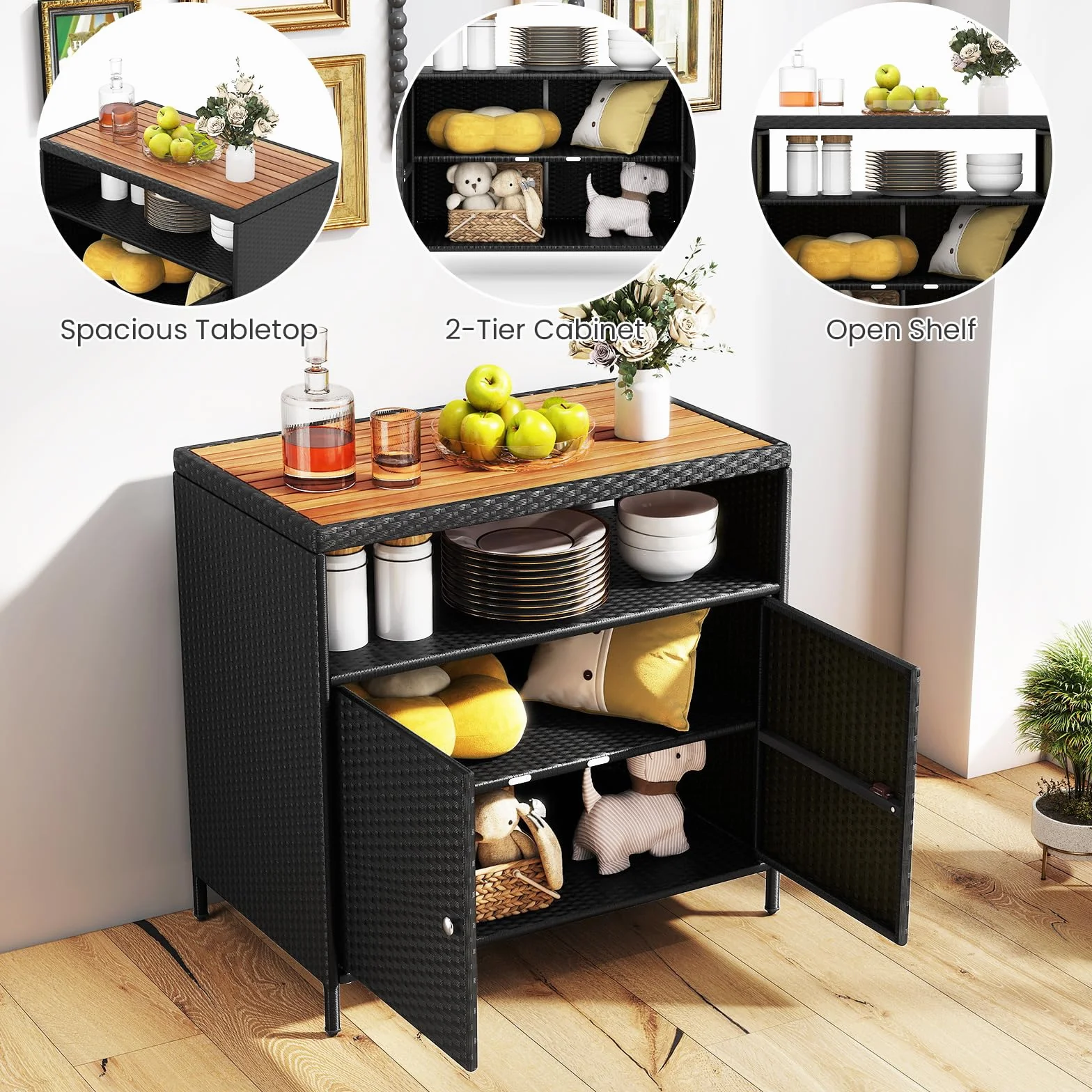 GIANTEX Armadietto da Giardino in Rattan con Piano di Lavoro e Scaffale, Ideale per Esterni, Giardino, Balcone e Piscina, 90 x 53 x 66 cm