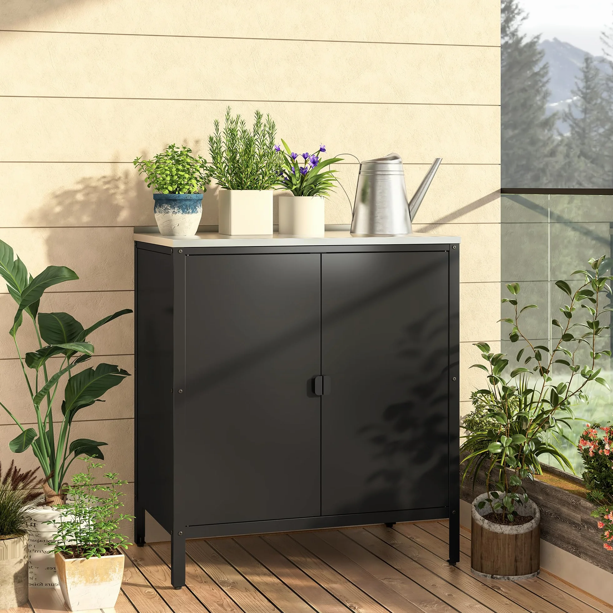 casa.pro Armadio da Giardino Mobile Organizzatore da Esterno 92 x 80 x 50 cm Armadietto in Acciaio con 2 Ante e Ripiano Piedini Regolabili per Livellare - Nero Opaco