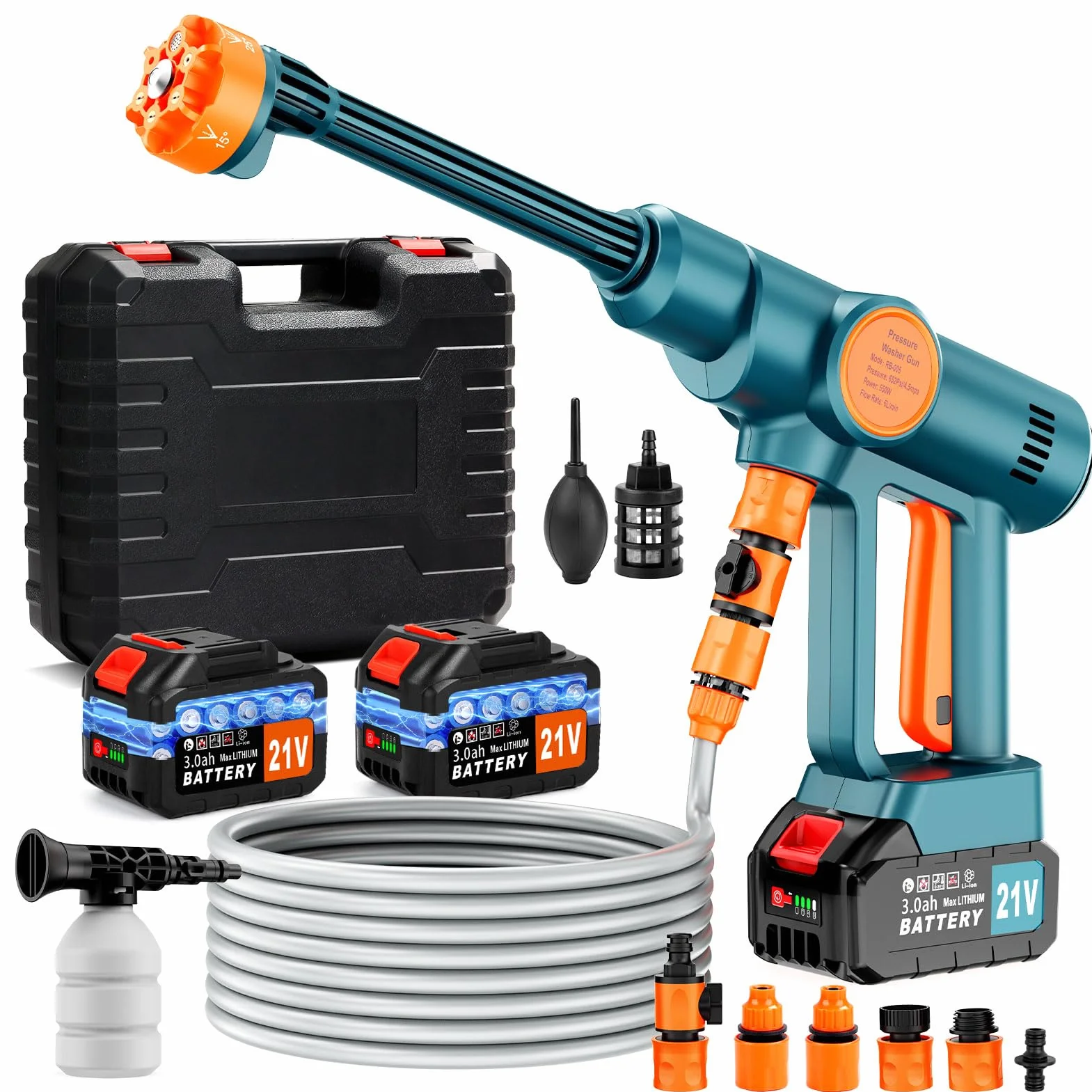 Idropulitrice Portatile a Batteria 2×3.0Ah Ugello 6 in 1 Senza Fili Collegamento a Rubinetto Diretto