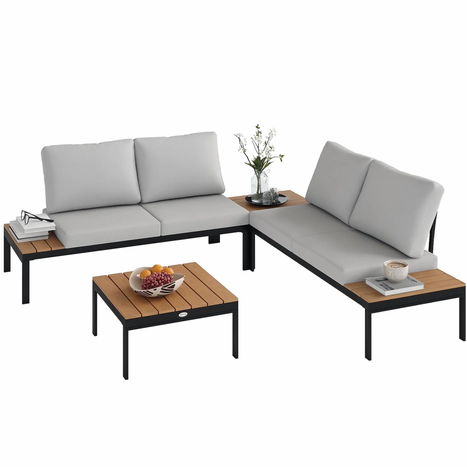 Outsunny Set Salotto da Giardino 4 Pezzi, 2 Divanetto 2 Posti, 2 Tavolini Caffè Quadrati, Legno e Cuscini Sfoderabili, Metallo e Legno Composito, Teak