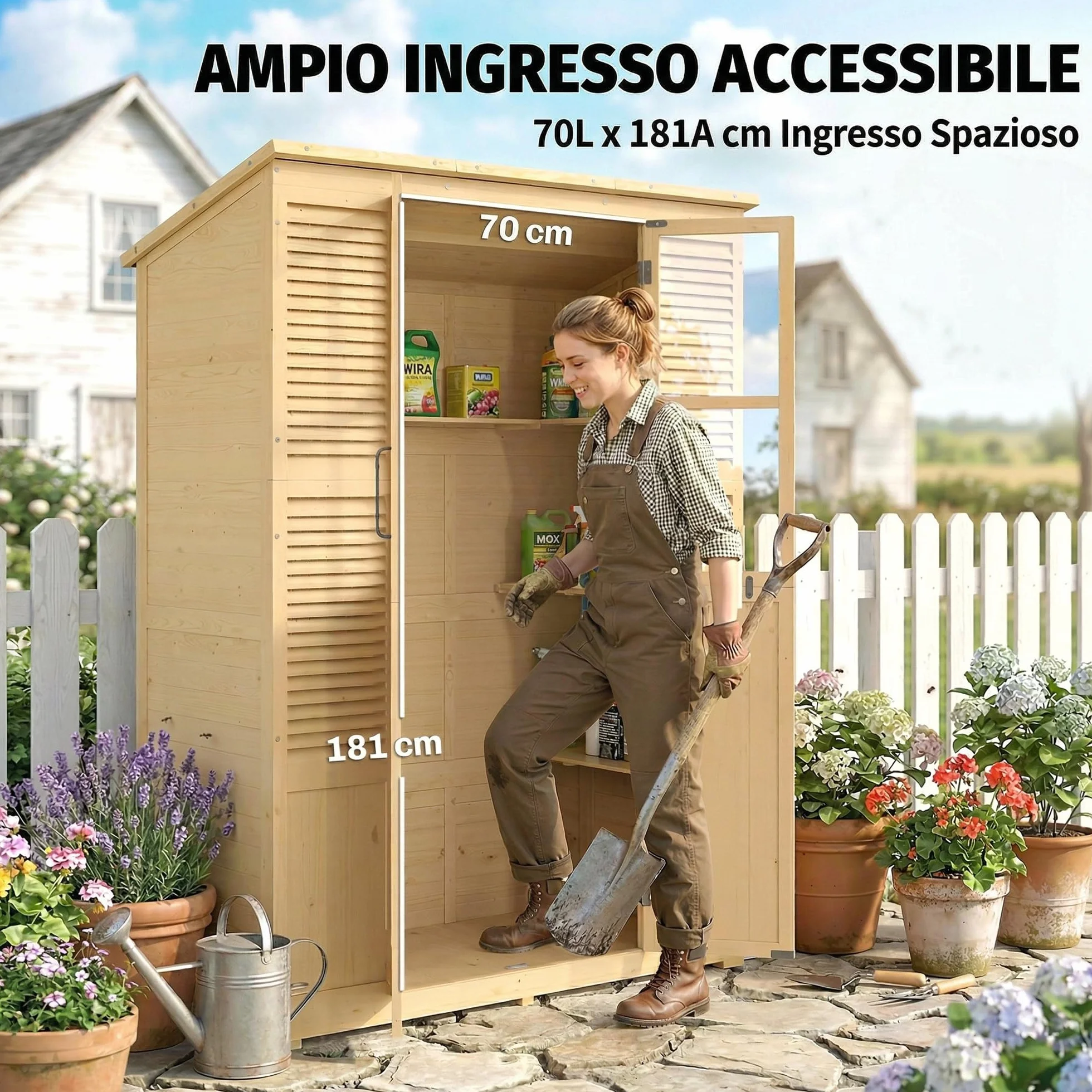 Outsunny Armadio da Giardino in Legno Abete Walk-in, Casetta Porta Attrezzi da Esterno con Tetto Inclinato Asfalto, 4 Finestre, 6 Ripiani, Prese d'Aria, Kit Antiribaltamento, 147x68x198cm, Color Legno