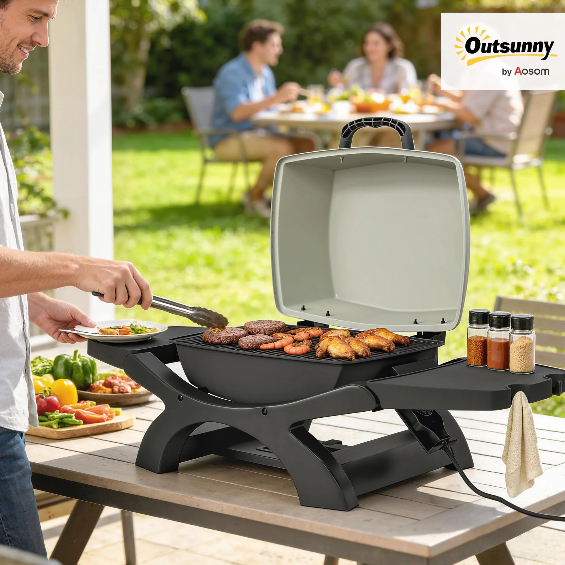 Outsunny Griglia Elettrica da Tavolo 2300W Barbecue Portatile Antiaderente Nero