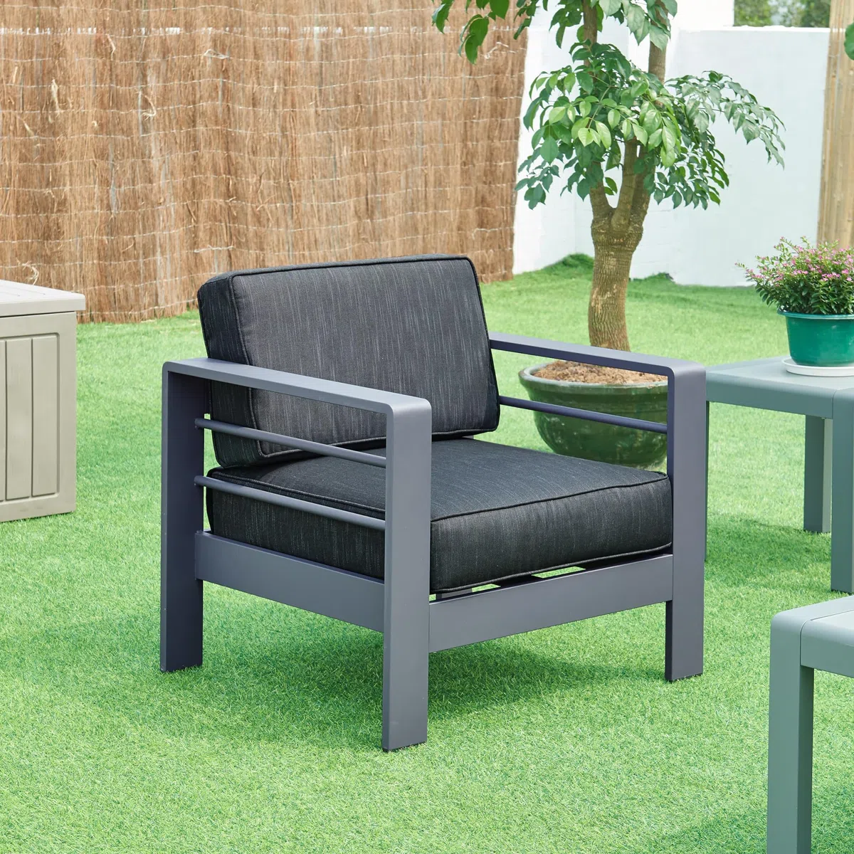 Poltrona da Esterno in Alluminio con Cuscini Antracite/Grigio per Giardino Patio