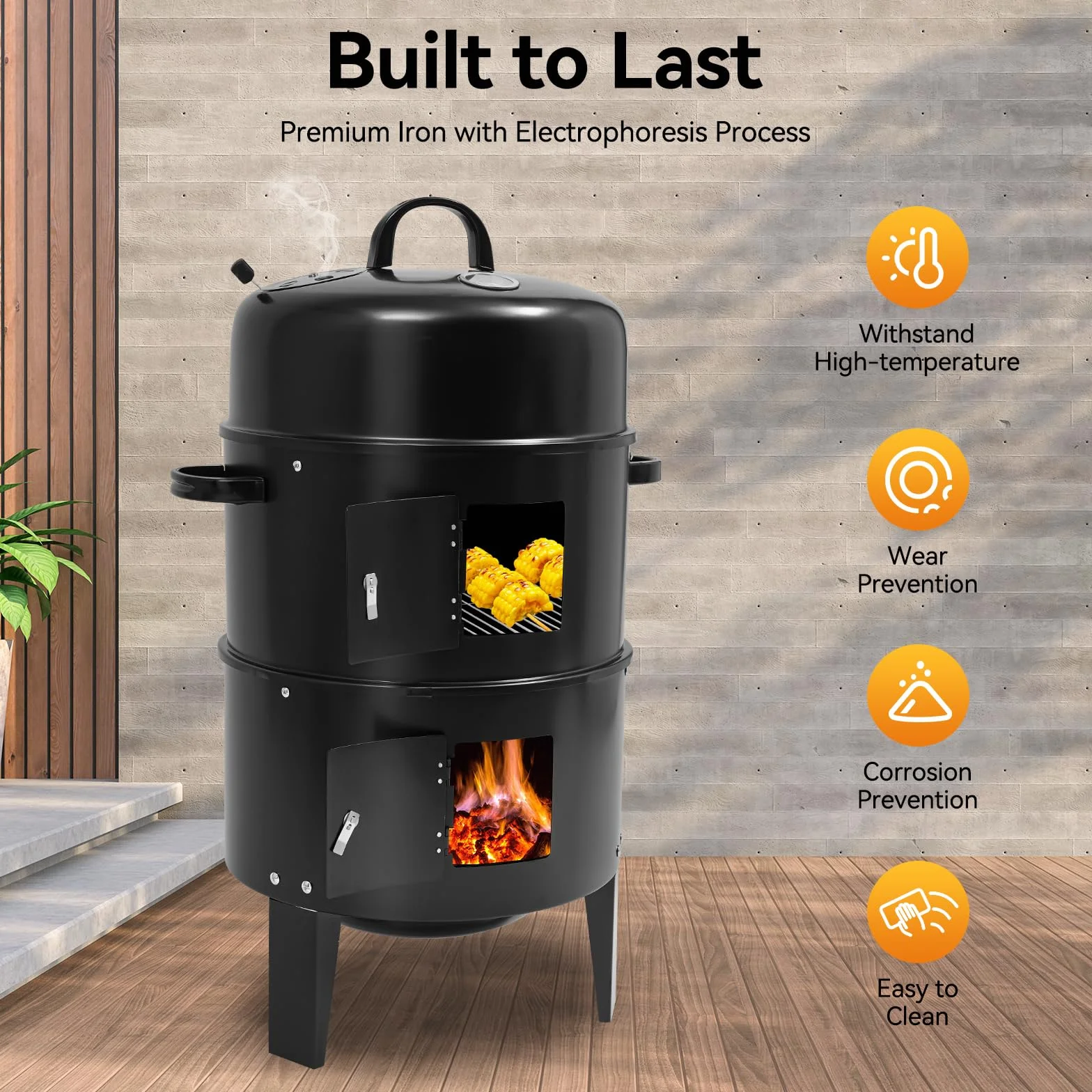 Affumicatore 3 in 1 84 cm Barbecue a Carbone di Legna con Termometro