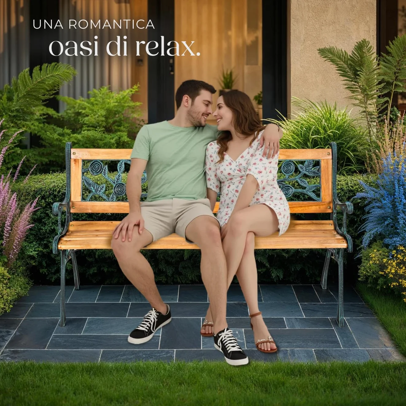 tectake Panca da Giardino in Legno e Ghisa 2 Posti con Schienale Resistente alle Intemperie 124 x 52 x 74 cm Marrone