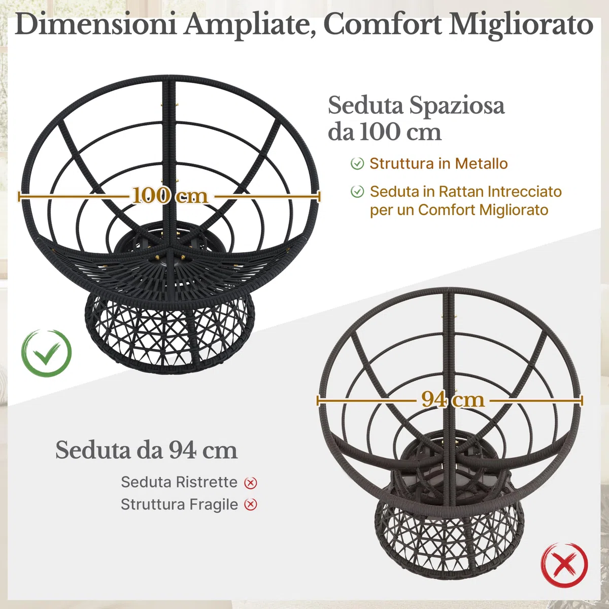 Yaheetech Poltrona da Giardino Girevole 360° Rattan Sedia a Dondolo Rotonda Papasan Cuscino Diametro 120 cm Nero Grigio
