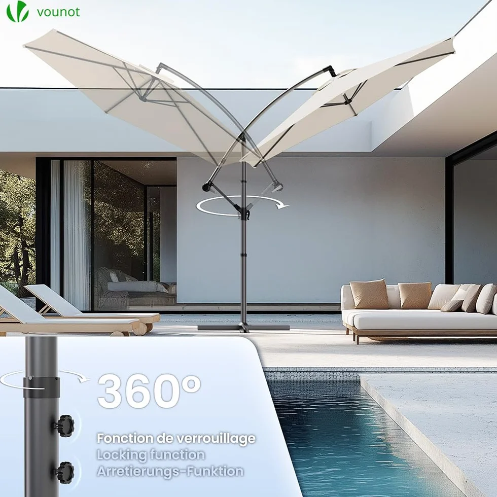 VOUNOT Ombrellone da Giardino Diametro 3M Decentrato Parasole Base a Croce Protezione UV Beige