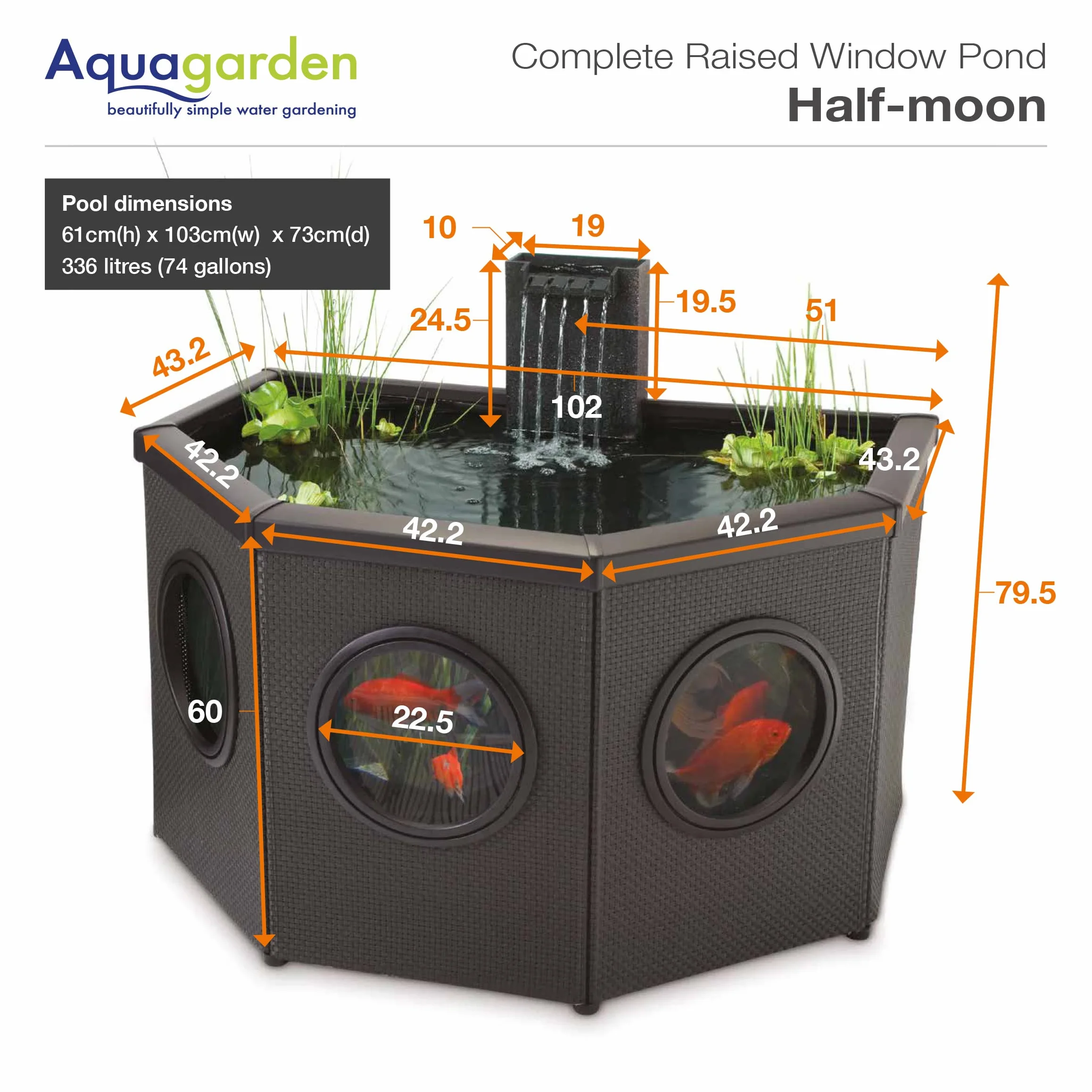 Aquagarden, Affinity, Kit Completo per laghetto Alto con finestre, a Forma di Mezzaluna, Piscina con Gioco d'Acqua, tra Cui Inpond 5 in 1 2000 Pompa dell'Acqua e Stagno con chiarificatore UV, Tre