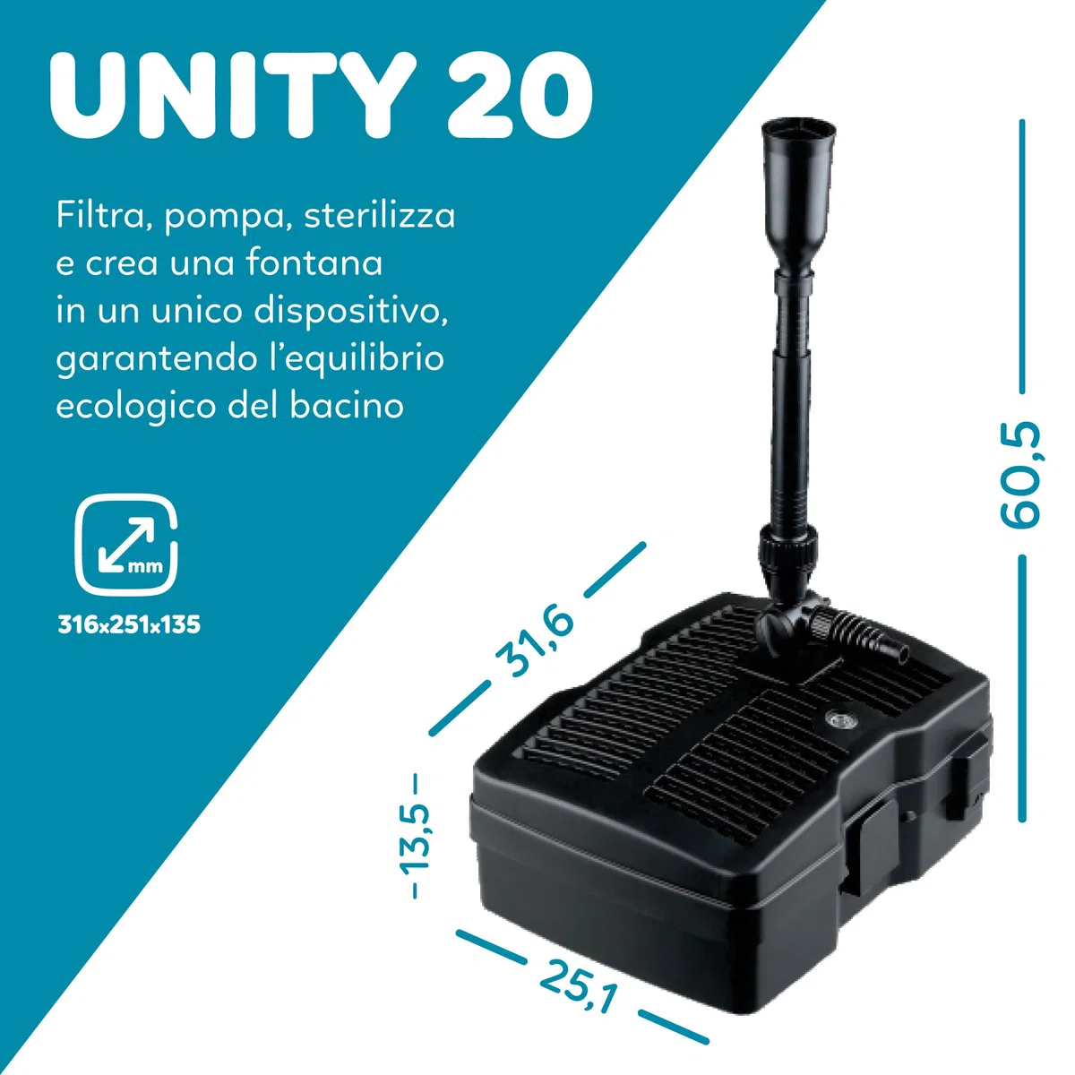 AQPOND Unity Filtro Interno per Laghetto 3 in 1 con Pompa Fontana e Sterilizzatore UV 9W – Sistema Completo di Filtrazione con Giochi d’Acqua per Laghetti da Giardino