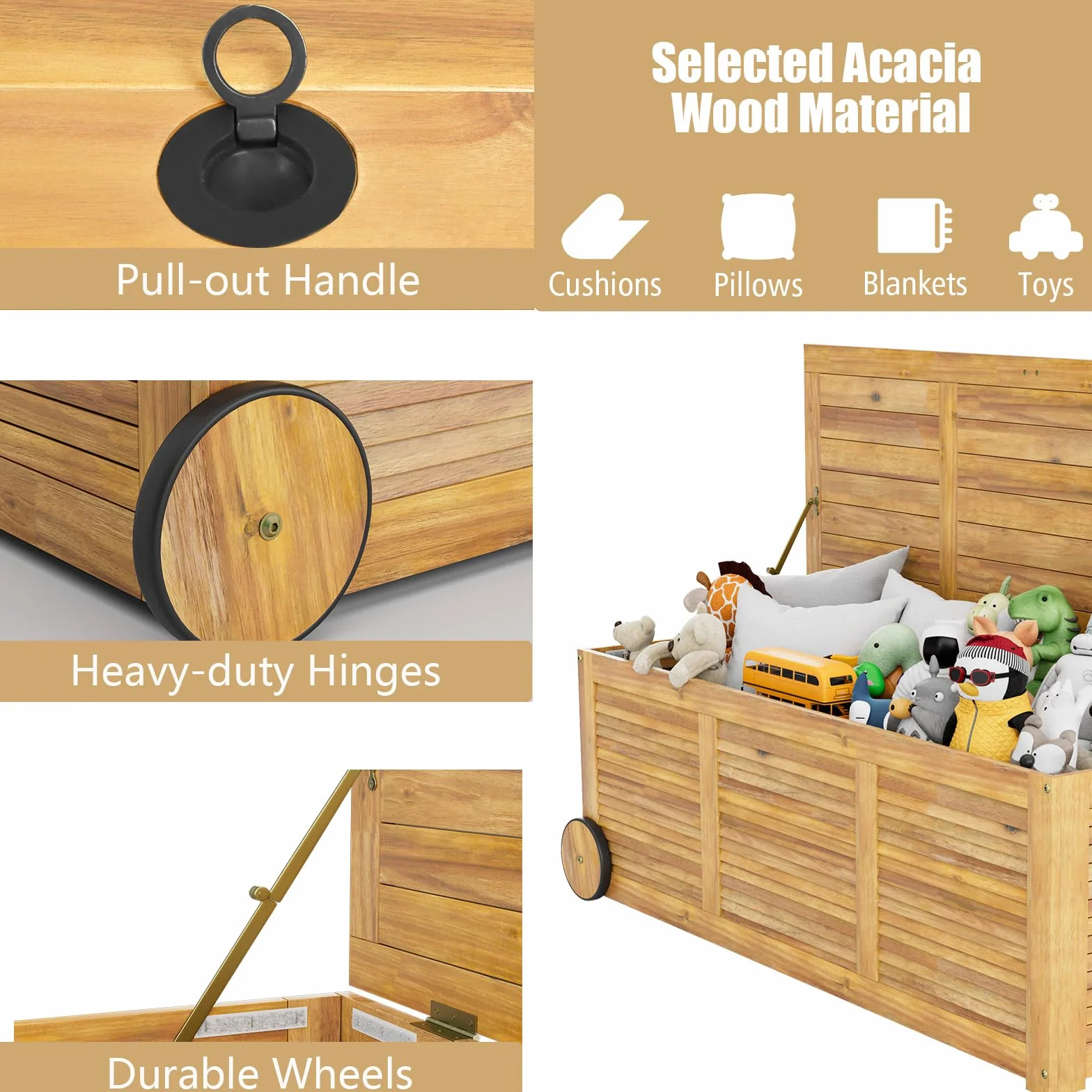 KOMFOTTEU Baule da Giardino 182 L con Ruote e Maniglie, Contenitore da Esterno con Borsa Interna Resistente all'Acqua, Cassapanca Contenitore da Interno in Legno di Acacia, 127 x 50 x 45 cm