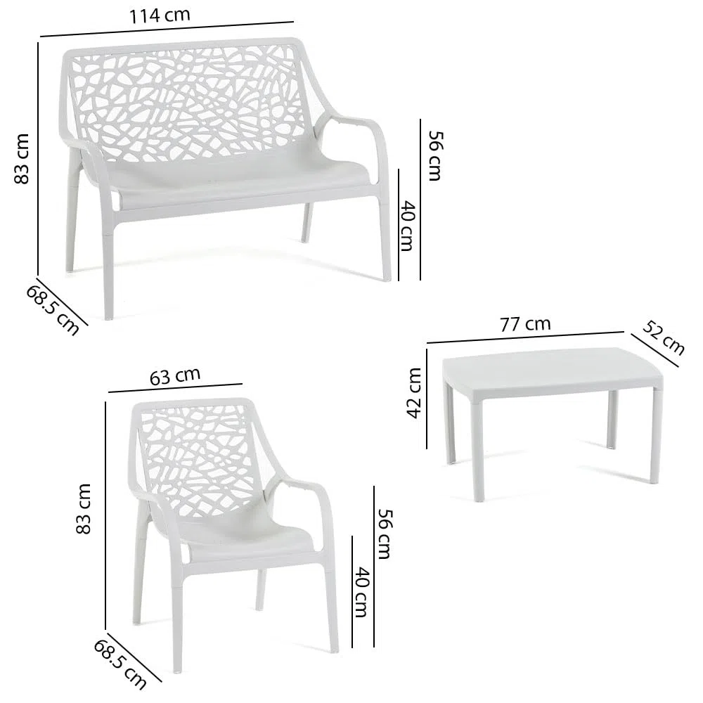 Set Maratea Salotto da giardino polipropilene fibra di vetro 4 posti Divano due posti 2 Poltrone Tavolino impermeabile impilabile Grigio Chiaro
